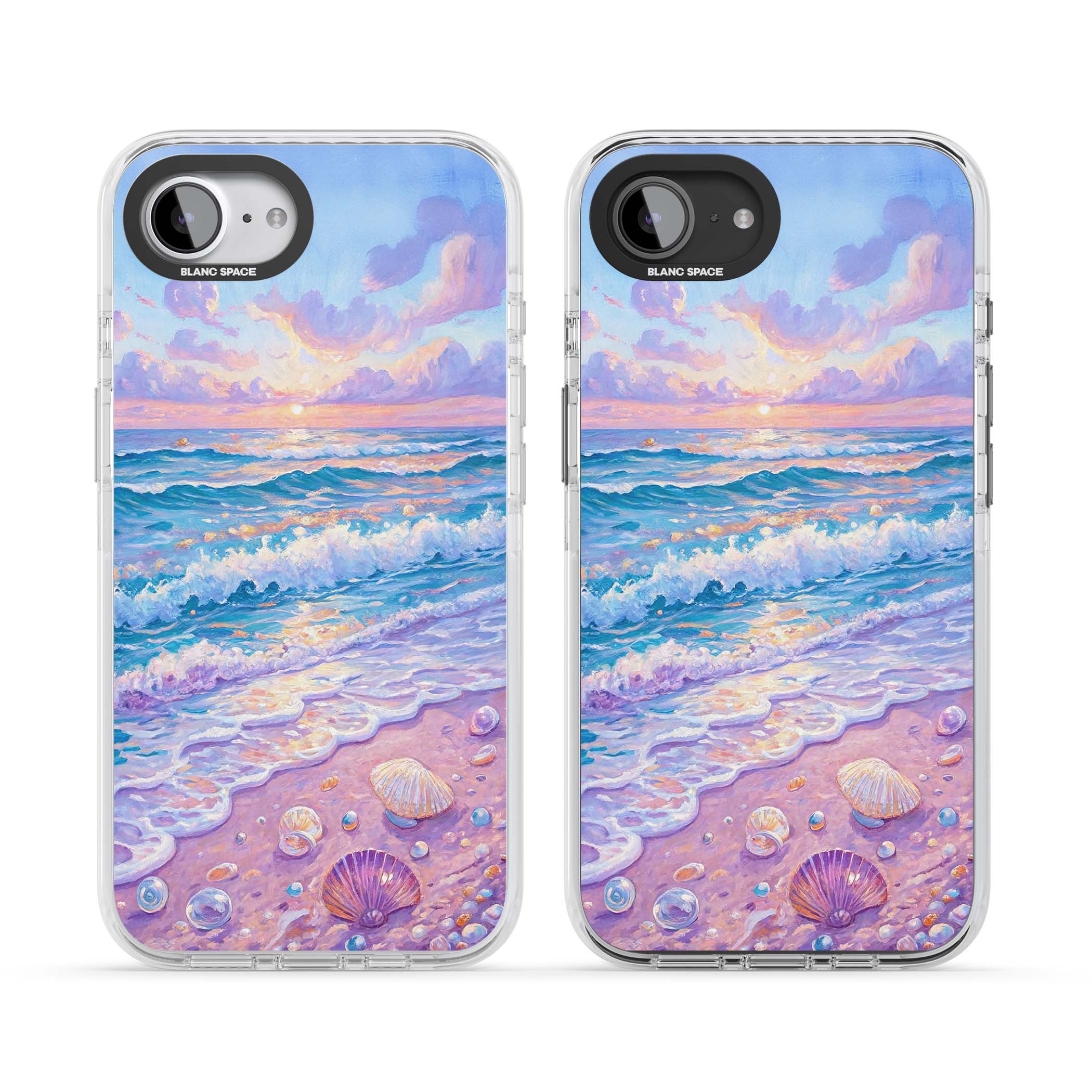 Pearl Shore coastal iPhone case featuring pastel painted waves, seashells, and a sunrise sky over a lavender beach. | Clear Impact case for iPhone 16e, iPhone 17e