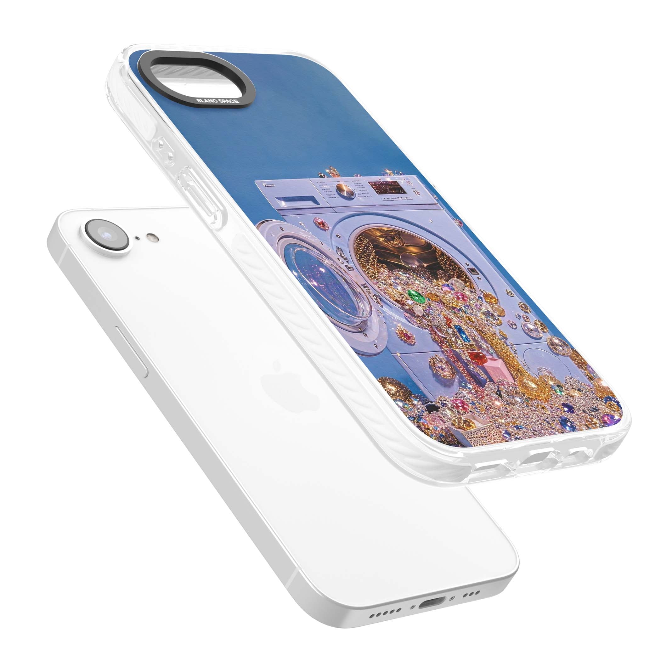 Gem Laundry baddie iPhone case featuring a surreal washing machine overflowing with colourful gemstones and crystals | Clear Impact case for iPhone 16e, iPhone 17e