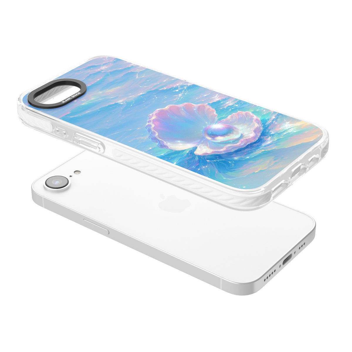 The Pearl Clam iPhone 16e / iPhone 17e Impact Clear Phone Case angled