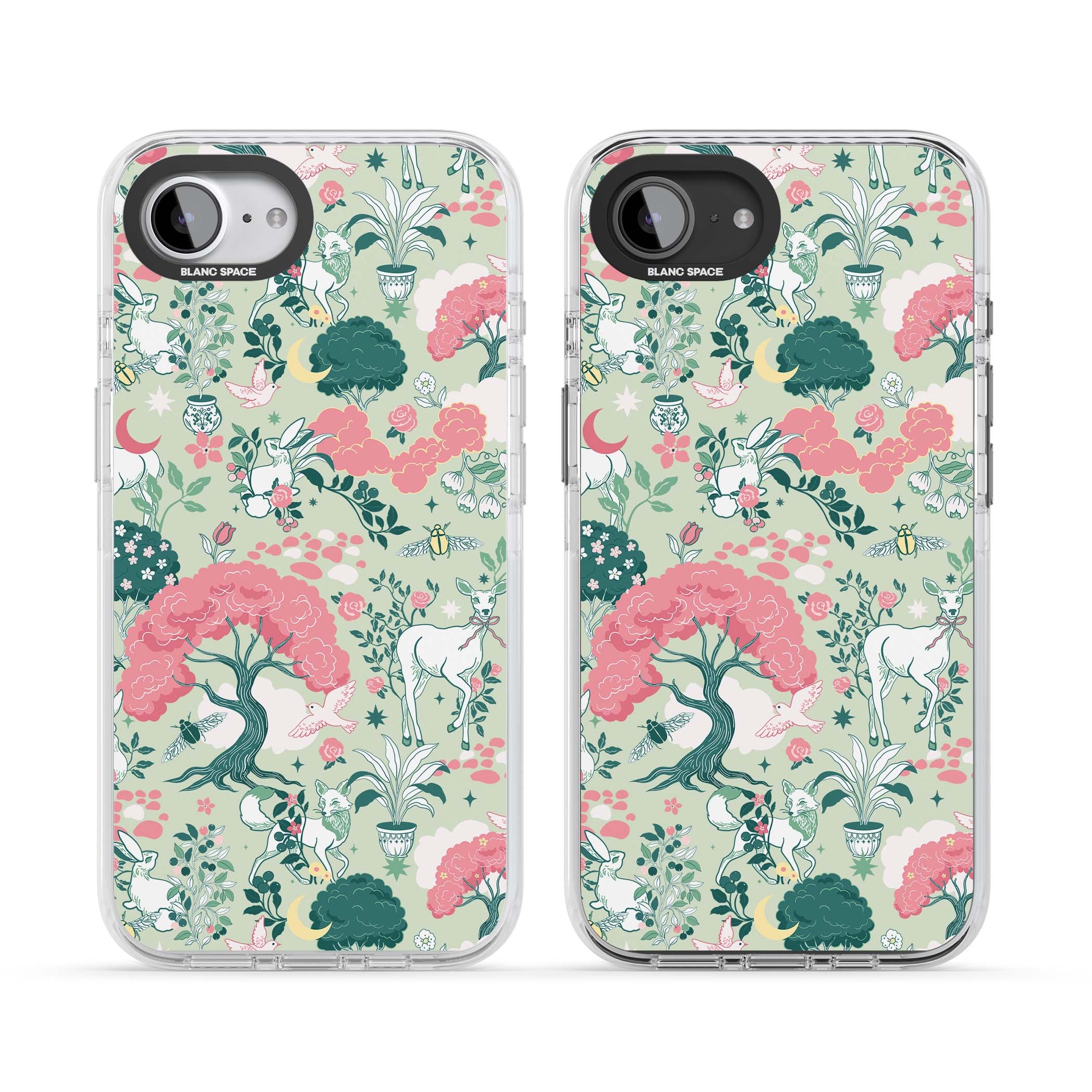 Enchanted Woodland cottagecore iPhone case featuring white deer, pink roses, mushrooms and woodland animals on sage green | Clear Impact case for iPhone 16e, iPhone 17e