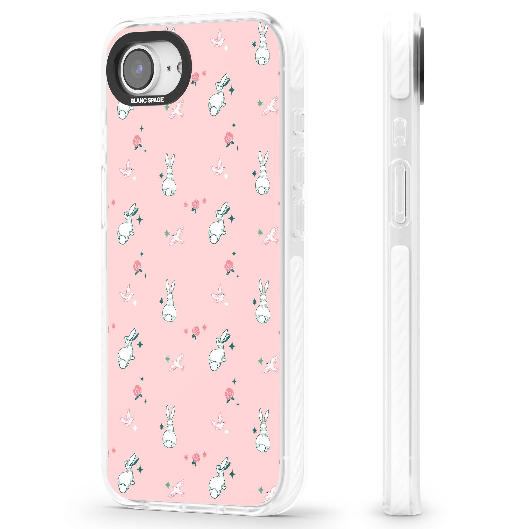 Bunny Garden kawaii iPhone case featuring white rabbits, pink roses, doves and stars on pink background | Clear Impact case for iPhone 16e, iPhone 17e