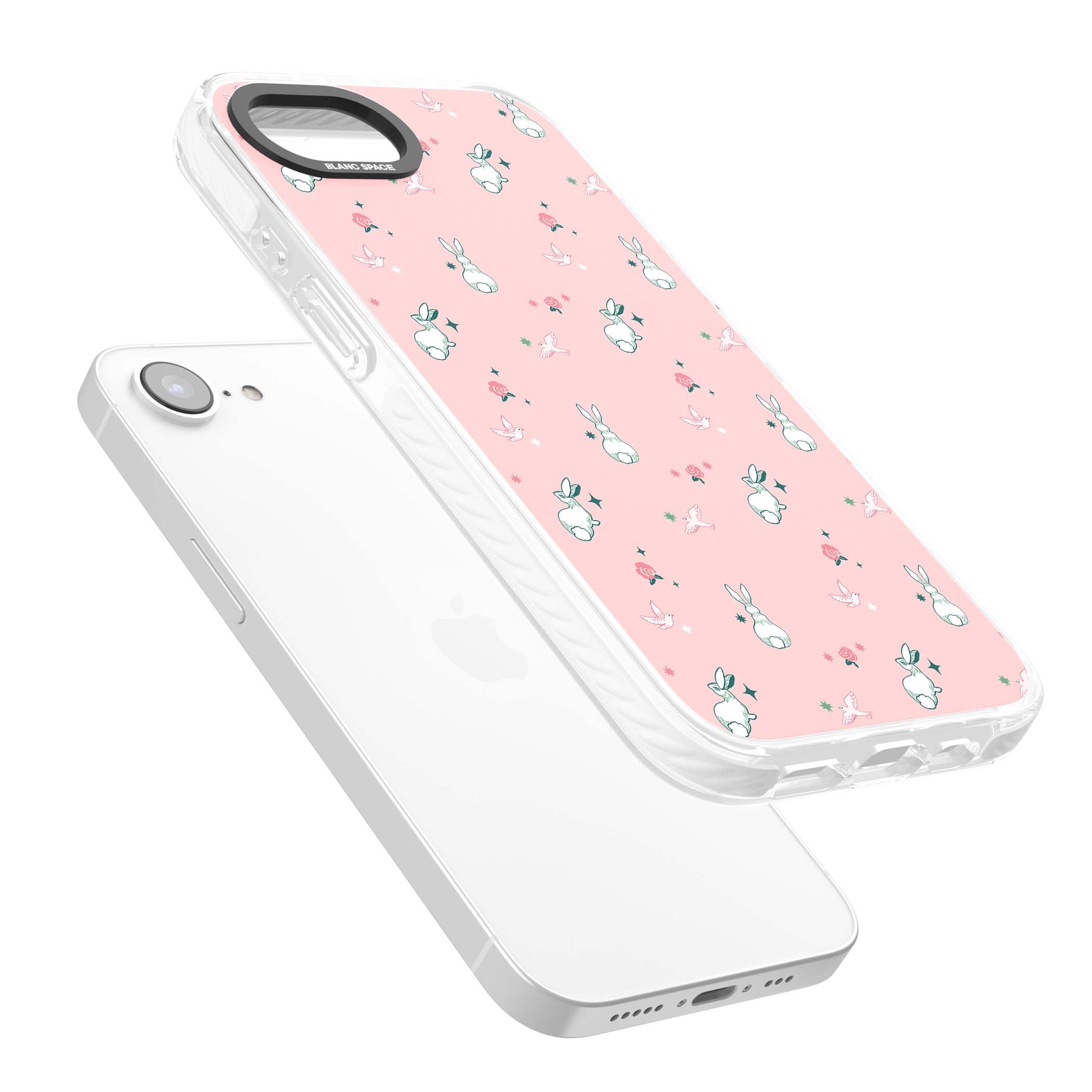 Bunny Garden kawaii iPhone case featuring white rabbits, pink roses, doves and stars on pink background | Clear Impact case for iPhone 16e, iPhone 17e
