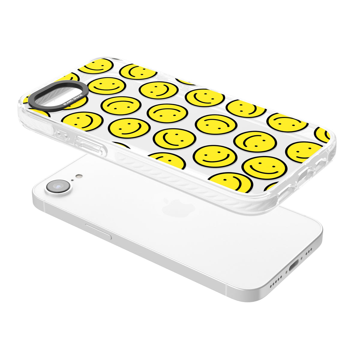 Smiley Face Pattern iPhone 16e / iPhone 17e Impact Clear Phone Case angled