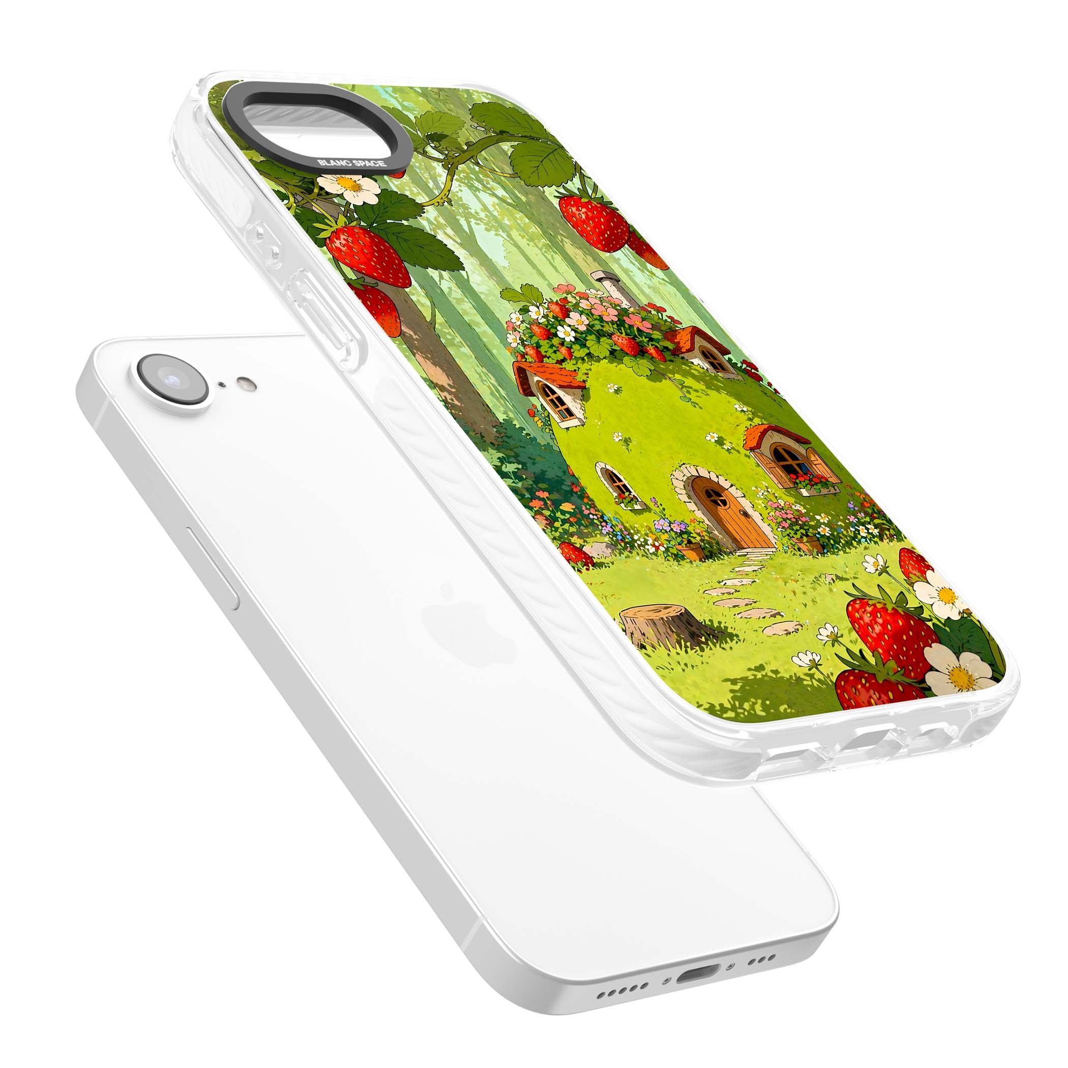Strawberry Cottage cottagecore iPhone case featuring a green fairy house, wild strawberries and enchanted forest flowers | Clear Impact case for iPhone 16e, iPhone 17e