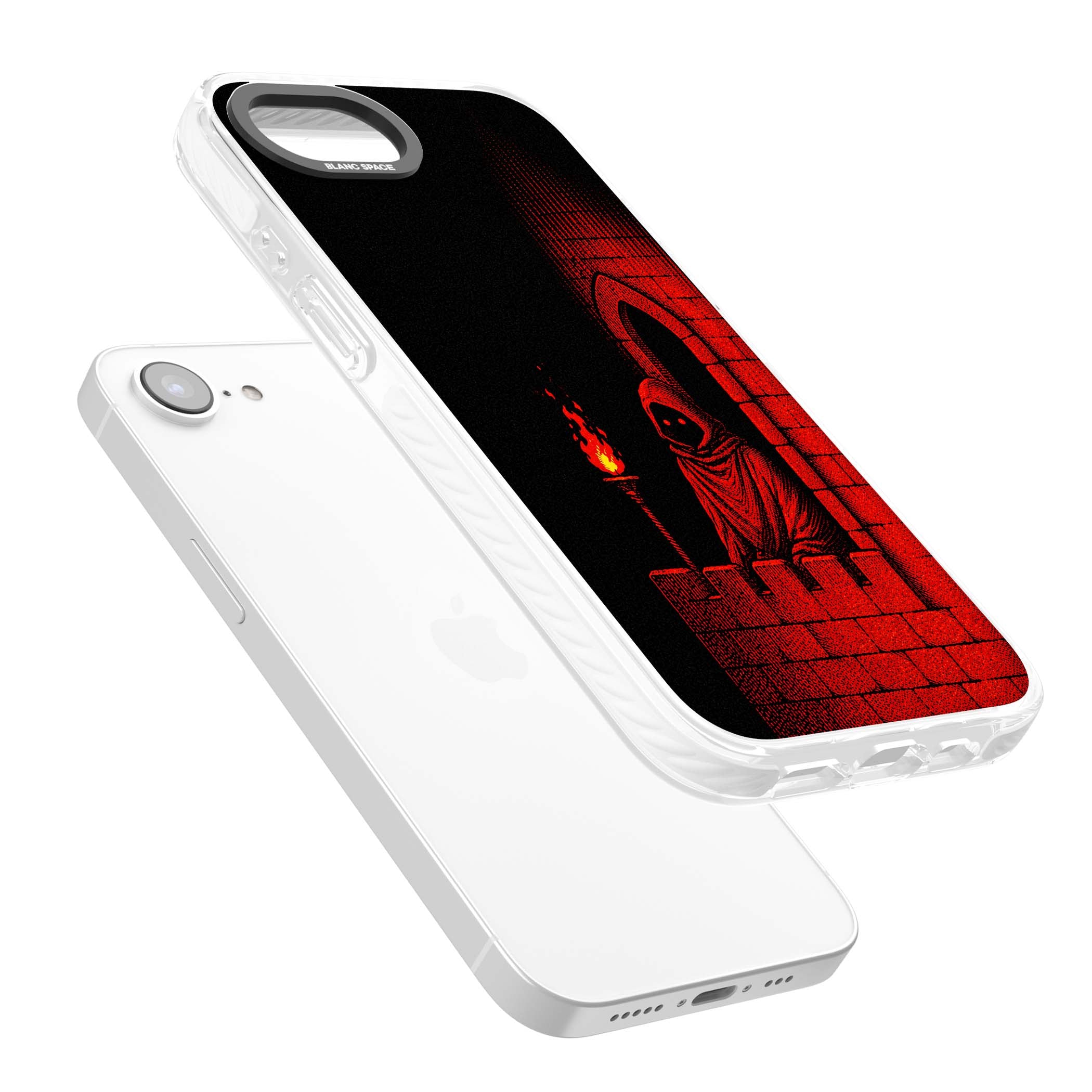 Crimson Crypt gothic iPhone case featuring a hooded reaper, torchlit crypt archway and red halftone horror art | Clear Impact case for iPhone 16e, iPhone 17e