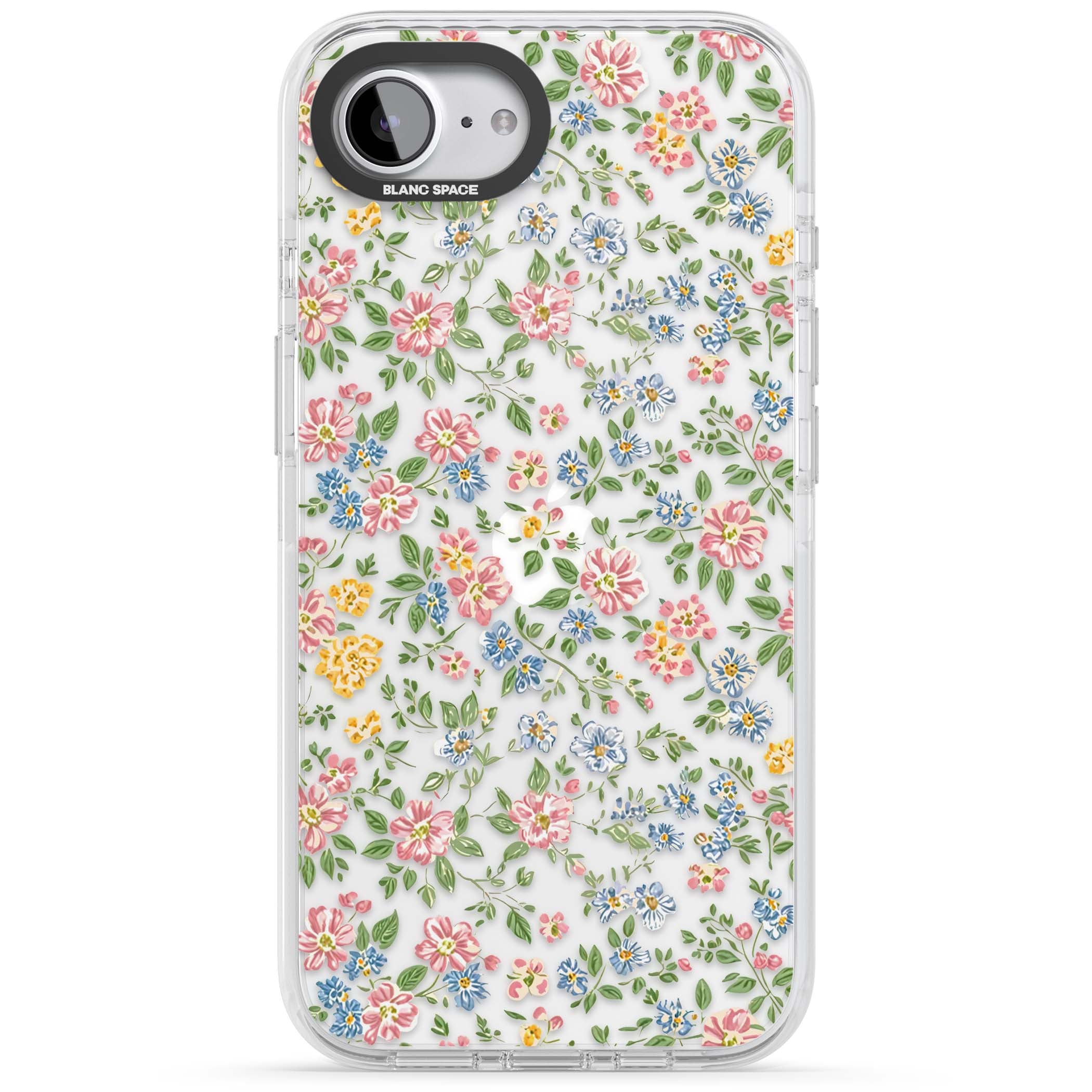 Soft Meadow cottagecore iPhone case featuring pink cosmos, blue forget-me-nots, yellow buttercups and green leaves sca | Clear Impact case for iPhone 16e, iPhone 17e
