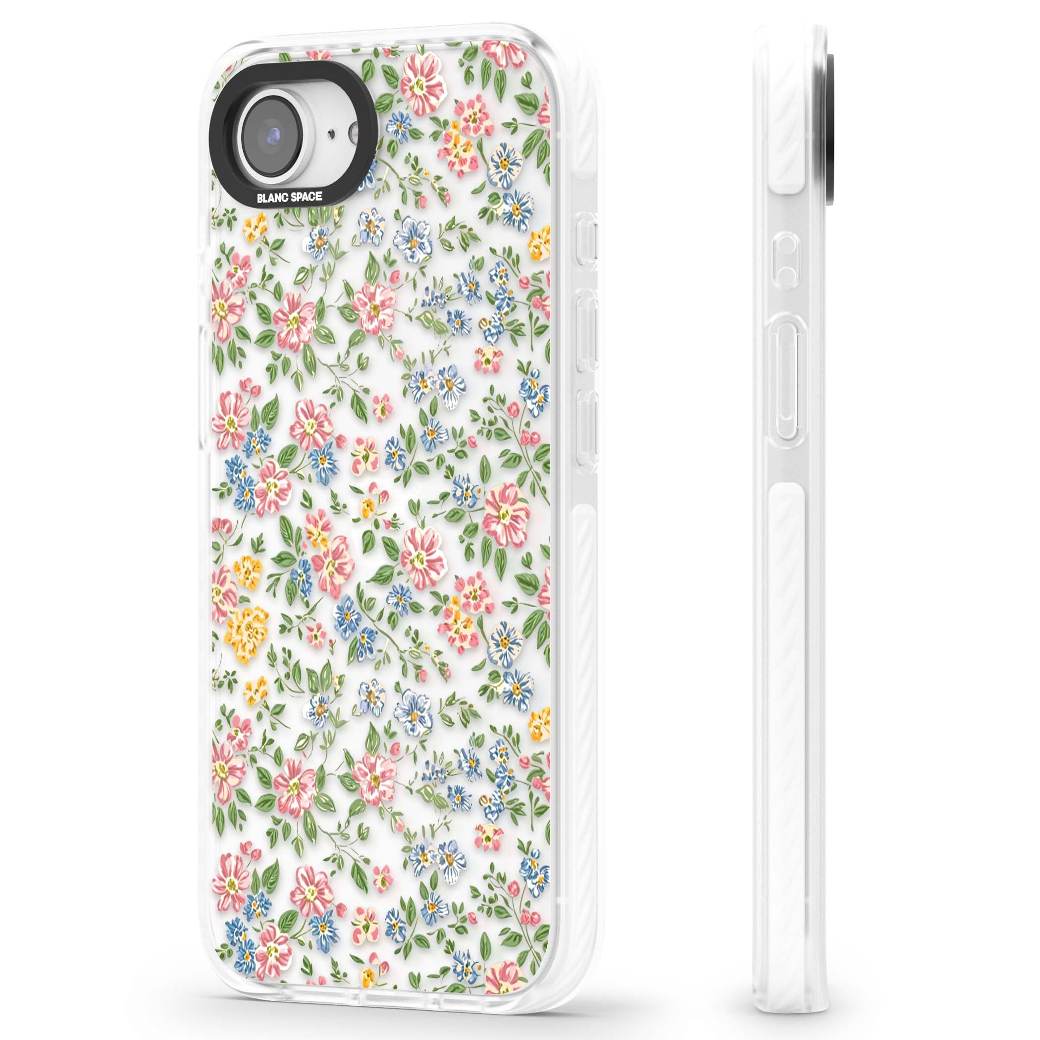 Soft Meadow cottagecore iPhone case featuring pink cosmos, blue forget-me-nots, yellow buttercups and green leaves sca | Clear Impact case for iPhone 16e, iPhone 17e
