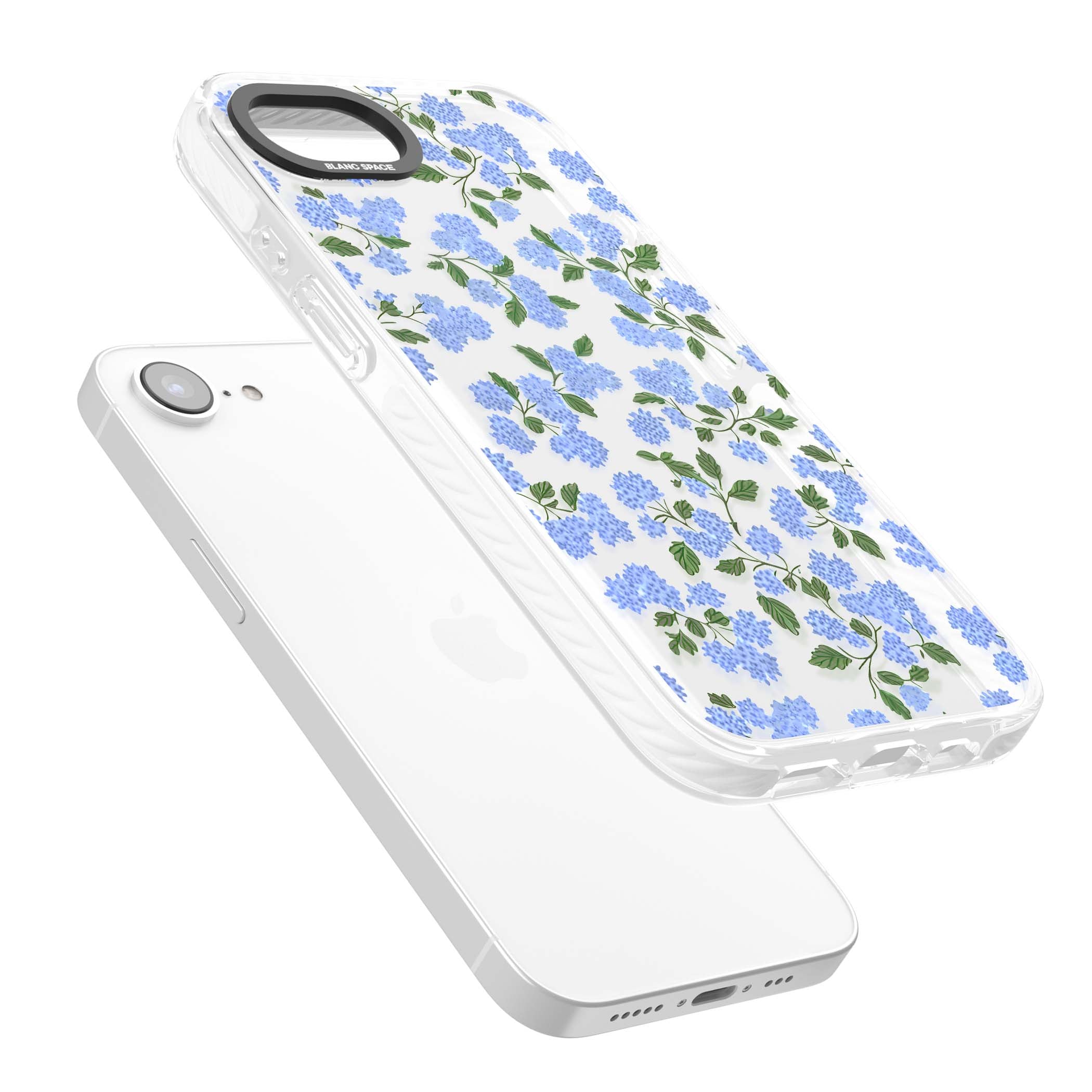 Hydrangea Dreams cottagecore iPhone case featuring soft blue hydrangea flower clusters and green leaves | Clear Impact case for iPhone 16e, iPhone 17e