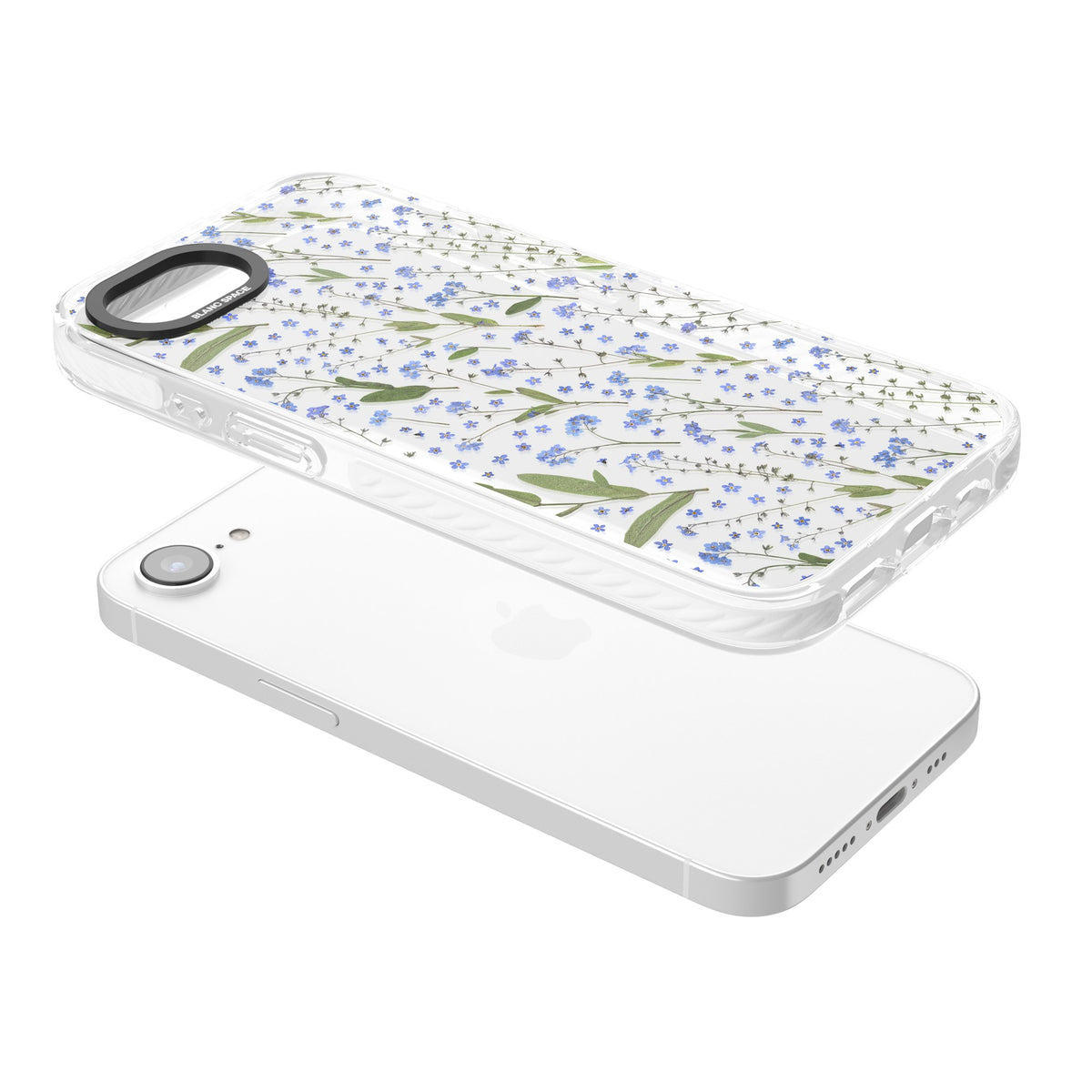 Blue Meadow iPhone 16e / iPhone 17e Impact Clear Phone Case angled