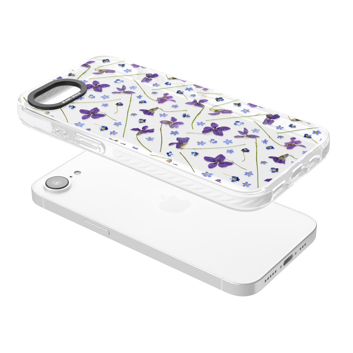 Pressed Violets iPhone 16e / iPhone 17e Impact Clear Phone Case angled