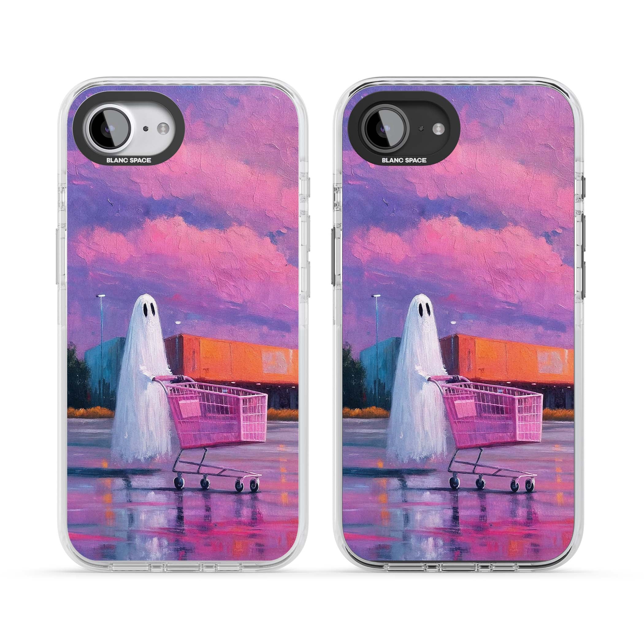 A Ghost's Errand ghost halloween iPhone case featuring a painted ghost, pink shopping trolley and purple sunset sky | Clear Impact case for iPhone 16e, iPhone 17e