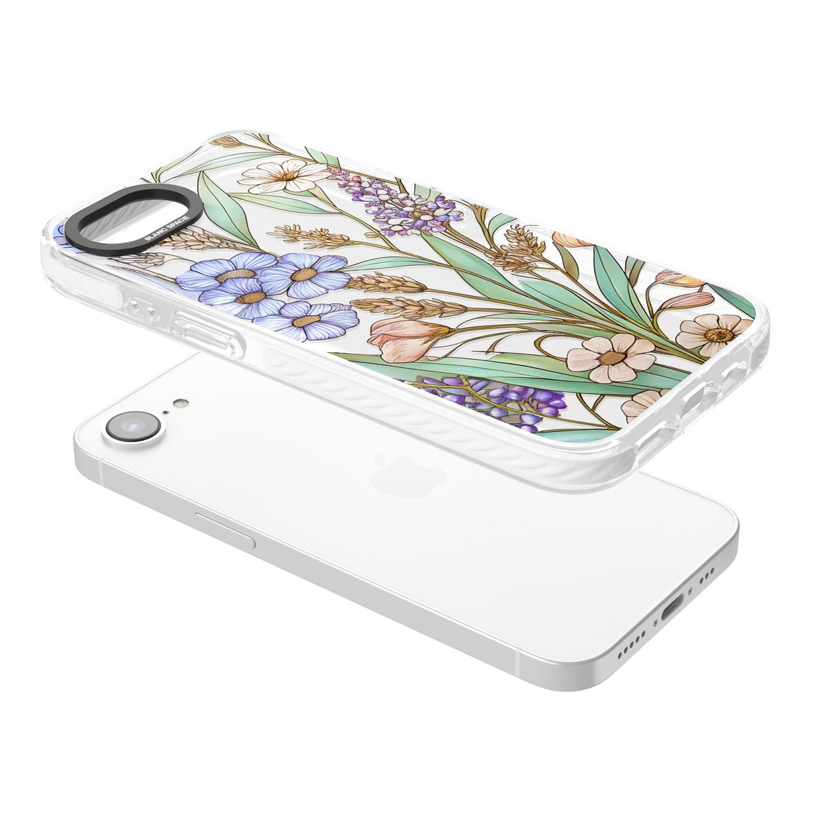 Glass Lavenders & Daisies iPhone 16e / iPhone 17e Impact Clear Phone Case angled