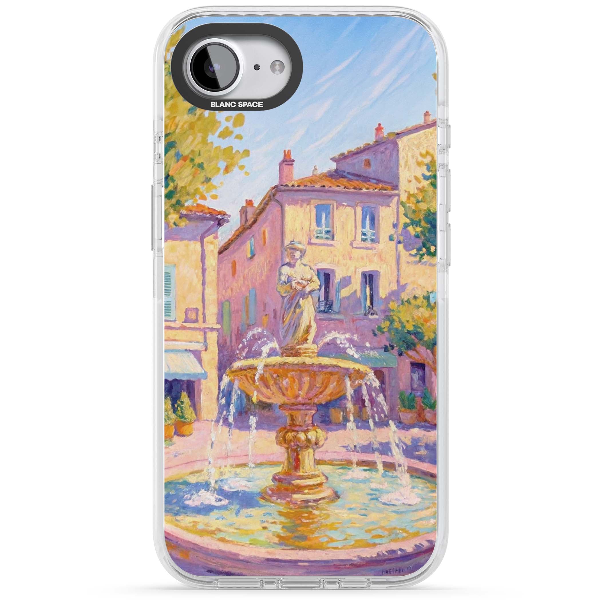 Fountain Square fine art iPhone case featuring an impressionist Provençal fountain, pastel village buildings and summe | Clear Impact case for iPhone 16e, iPhone 17e