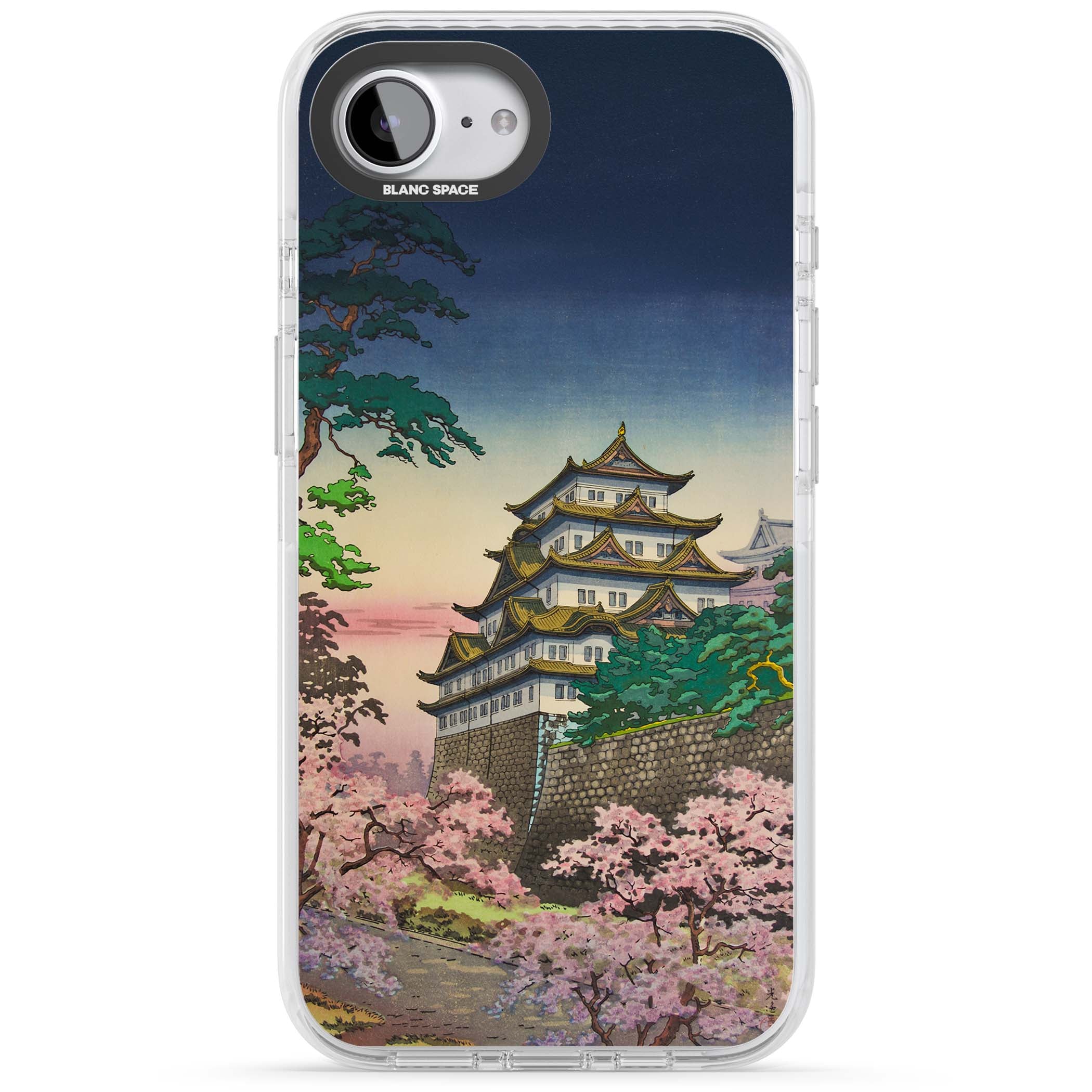 Nagoya Castle Japanese iPhone case featuring a vintage pagoda, twilight sky and cherry blossom trees | Clear Impact case for iPhone 16e, iPhone 17e