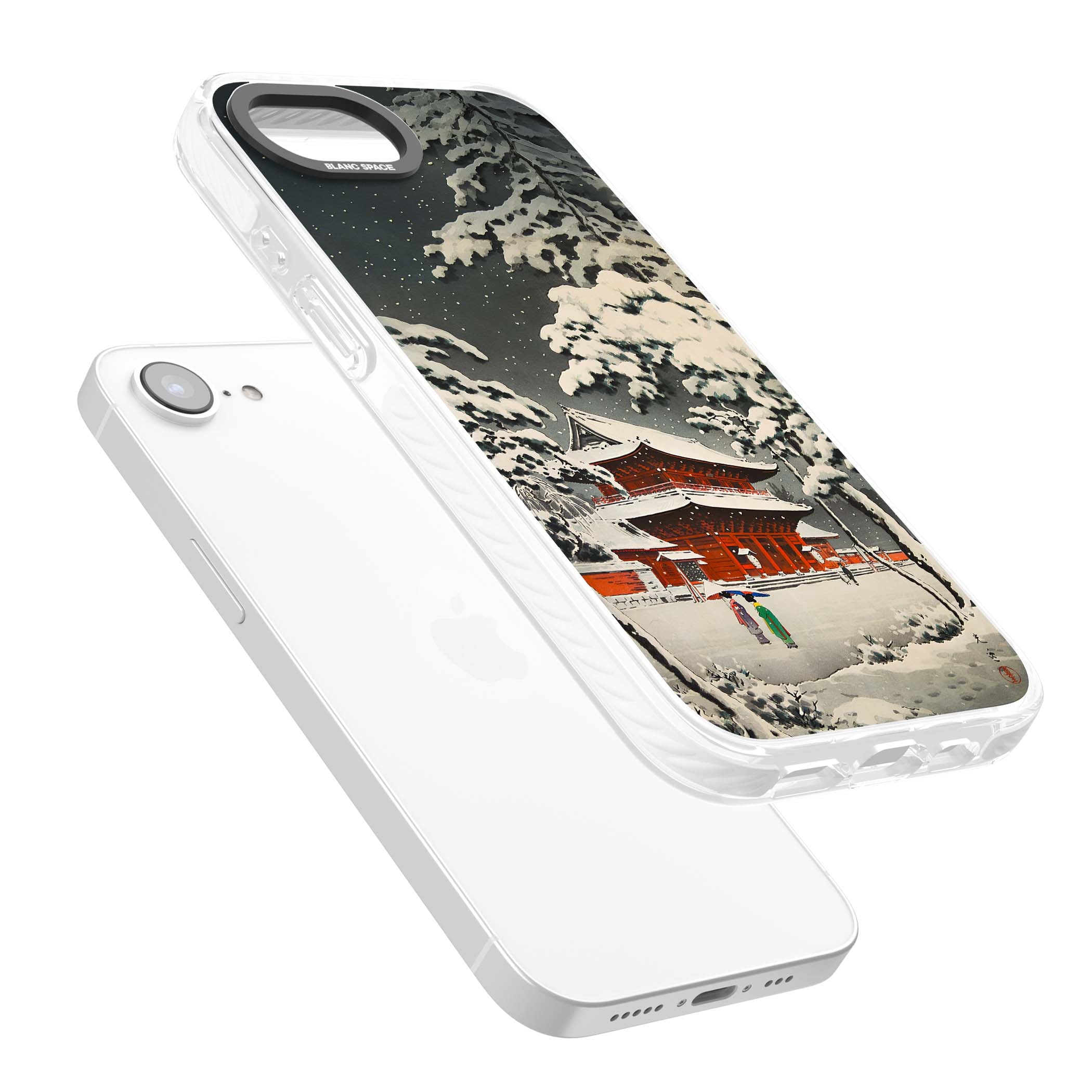 Snow at Shiha Park, Tokyo Japanese art iPhone case featuring a vintage ukiyo-e snowy temple, red pagoda, and snow-covered pin | Clear Impact case for iPhone 16e, iPhone 17e