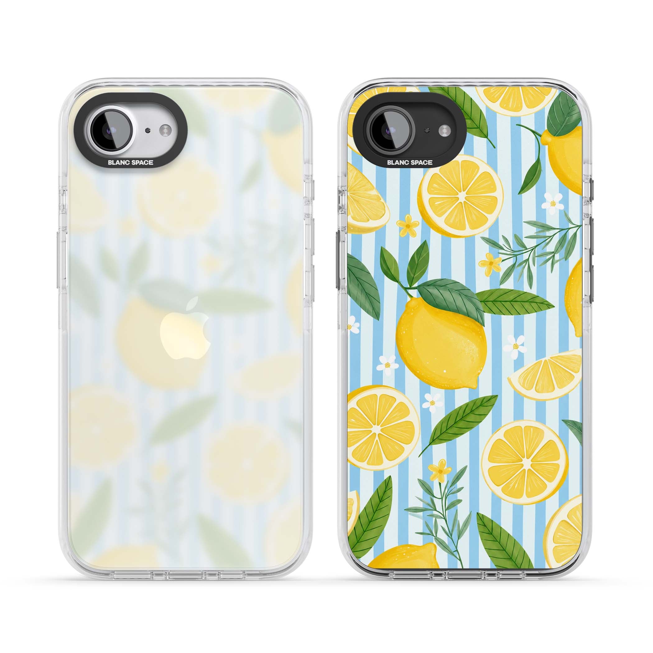 Capri Citrus Stripe coastal iPhone case featuring yellow lemons, blue stripes, and white daisy blossoms | Clear Impact case for iPhone 16e, iPhone 17e
