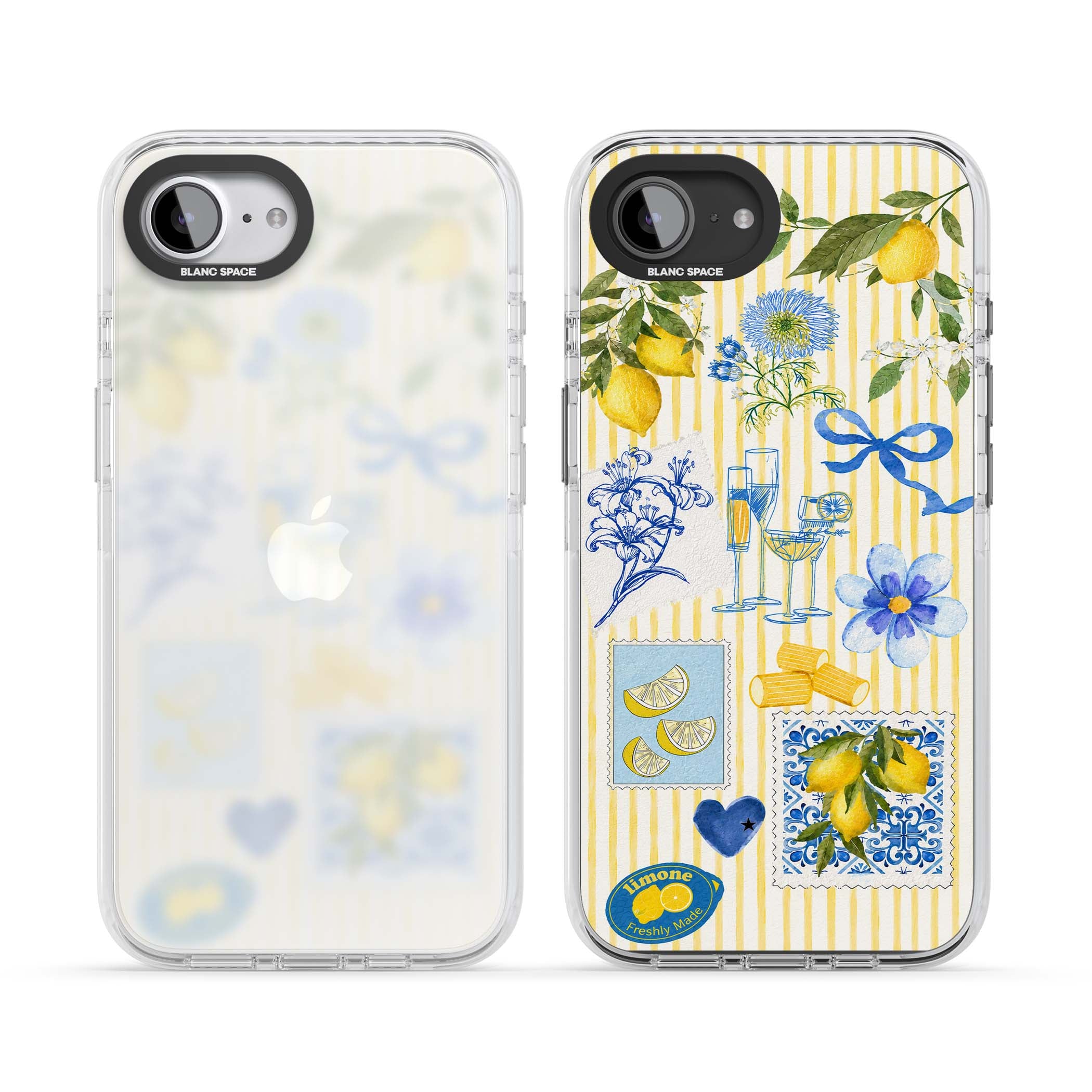 Limone Riviera Italian summer iPhone case featuring watercolour lemons, blue ribbon bows and majolica tile stamps on... | Clear Impact case for iPhone 16e, iPhone 17e