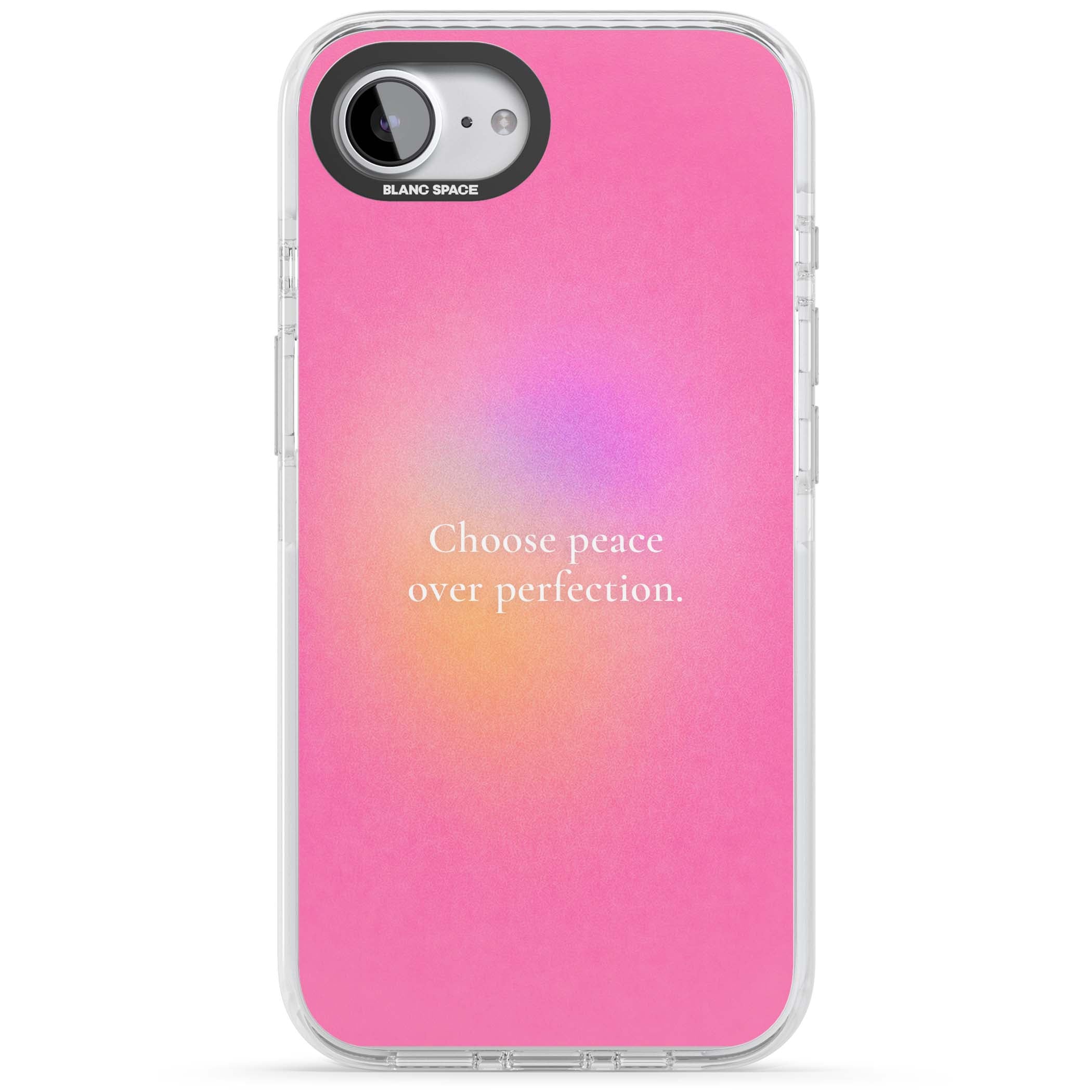 Peace Over Perfection quote iPhone case featuring a dreamy pink aura gradient and delicate white affirmation text | Impact Magsafe case for iPhone 16e, iPhone 17e