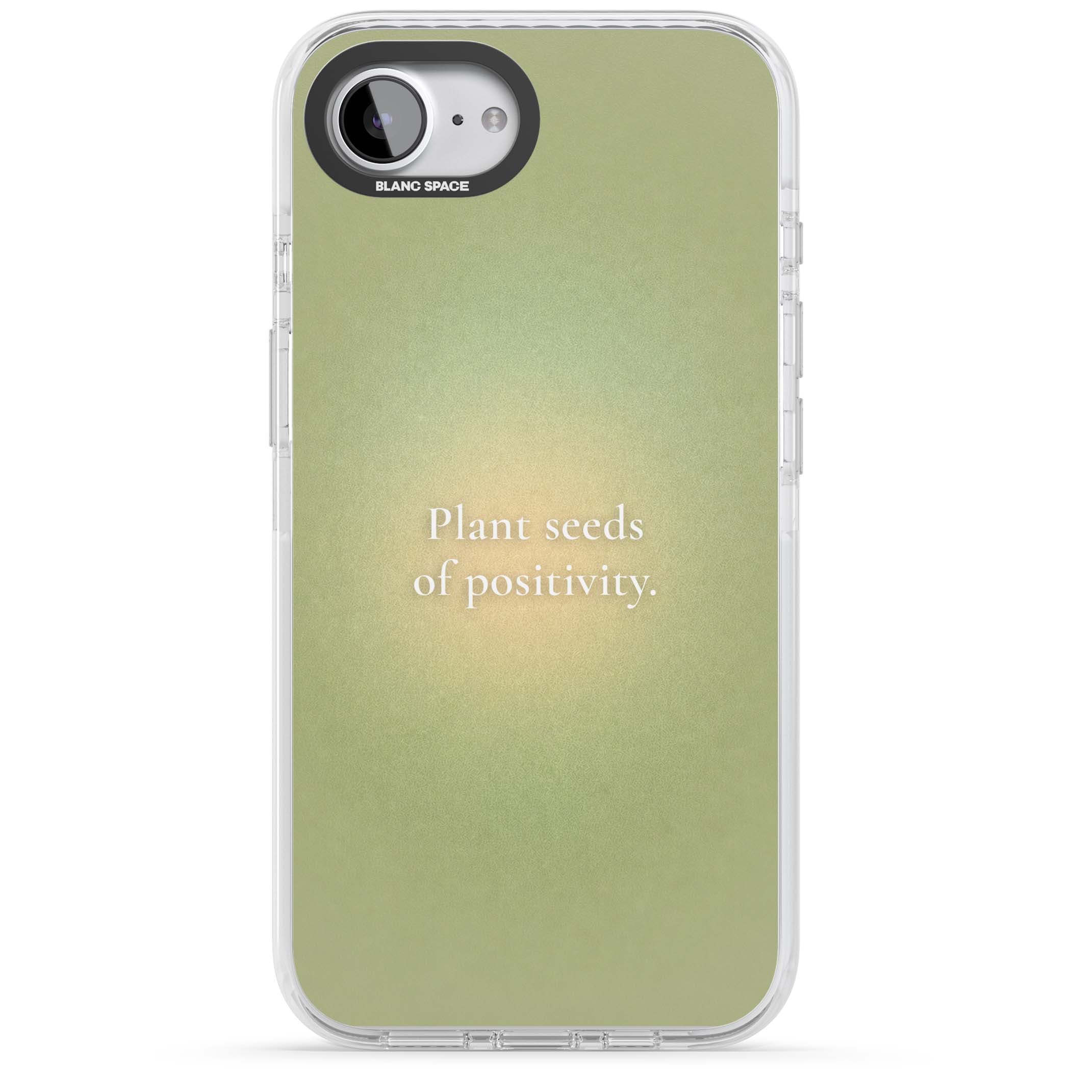 Seeds of Positivity quote iPhone case featuring a sage green aura gradient and golden glow affirmation | Impact Magsafe case for iPhone 16e, iPhone 17e