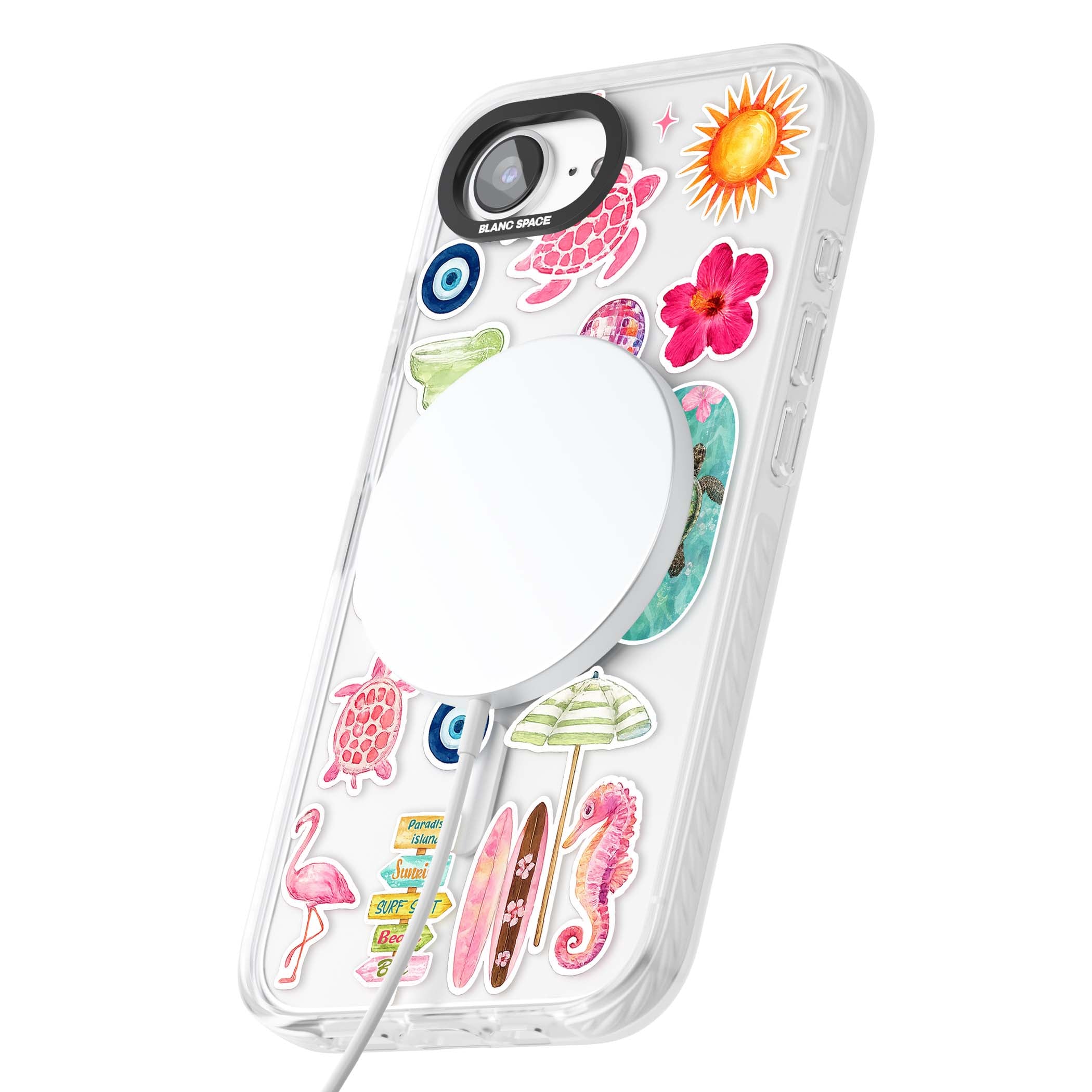 Aloha Sticker Mix tropical summer iPhone case featuring pink hibiscus, sea turtles, flamingo and beach umbrella stickers | Impact Magsafe case for iPhone 16e, iPhone 17e