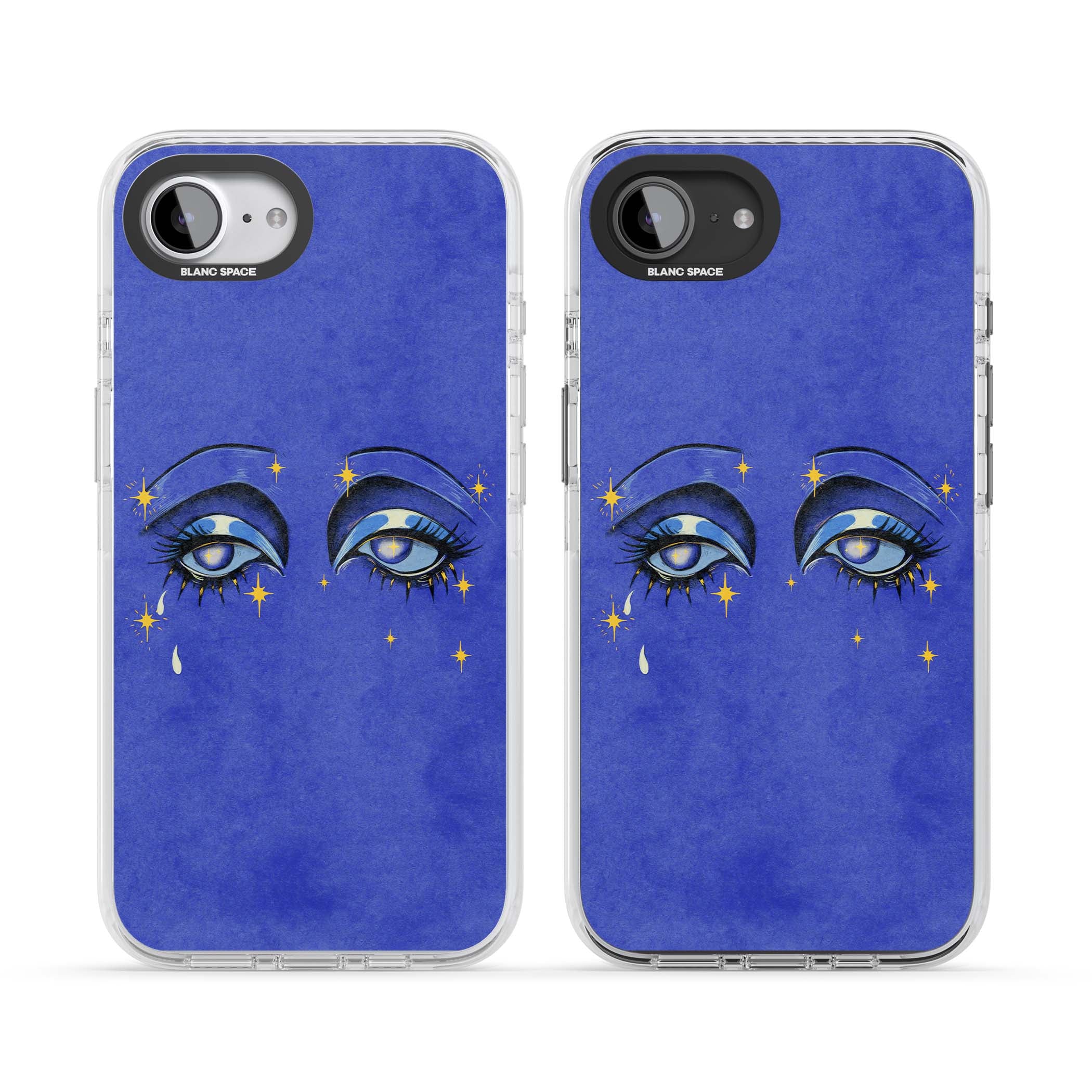 Blue Mystic Eyes celestial iPhone case featuring hand drawn blue mystical eyes, golden stars and a painted tear on indigo | Impact Magsafe case for iPhone 16e, iPhone 17e