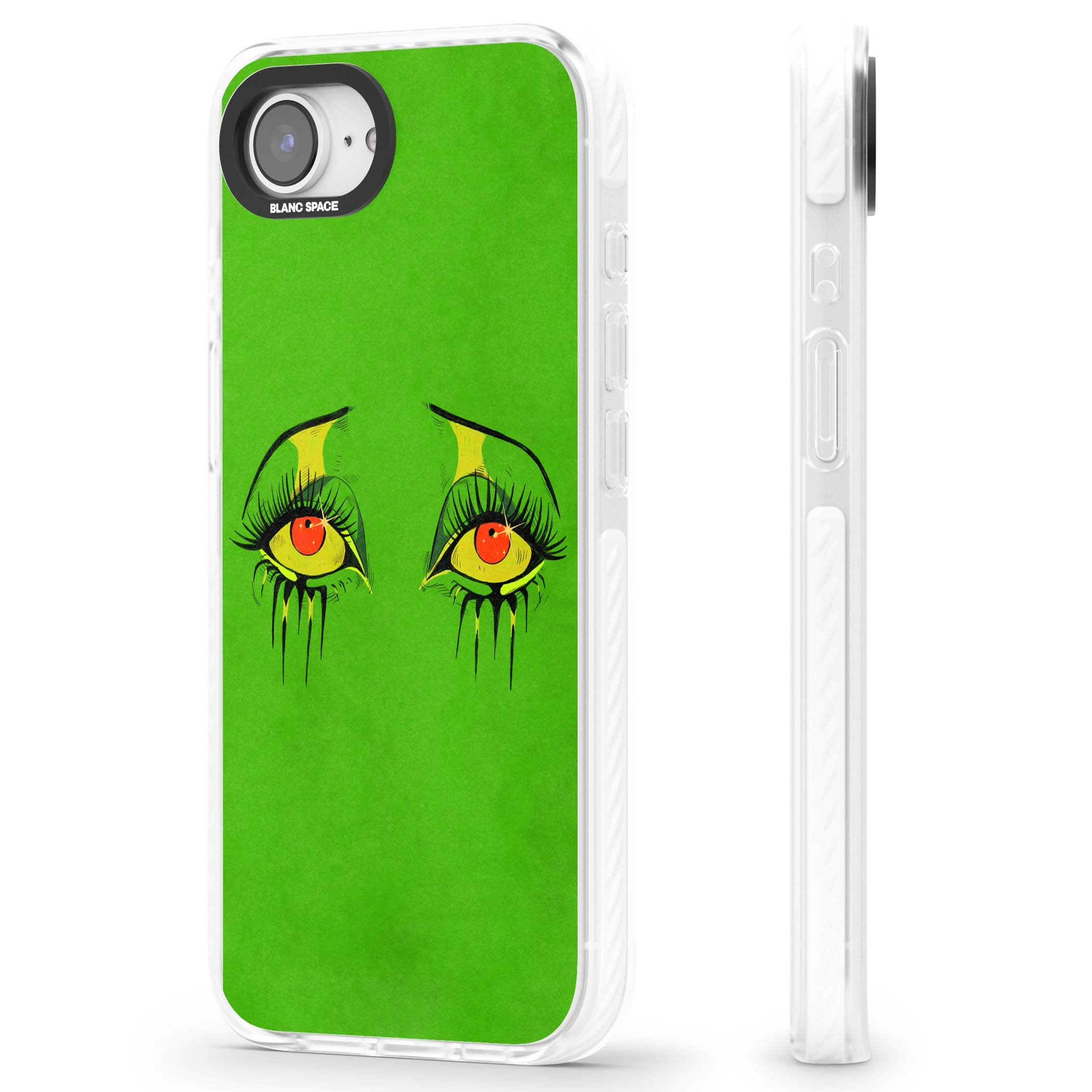 Green Enchanted Eyes psychedelic art iPhone case featuring hand-drawn dripping eyes on neon green background | Impact Magsafe case for iPhone 16e, iPhone 17e