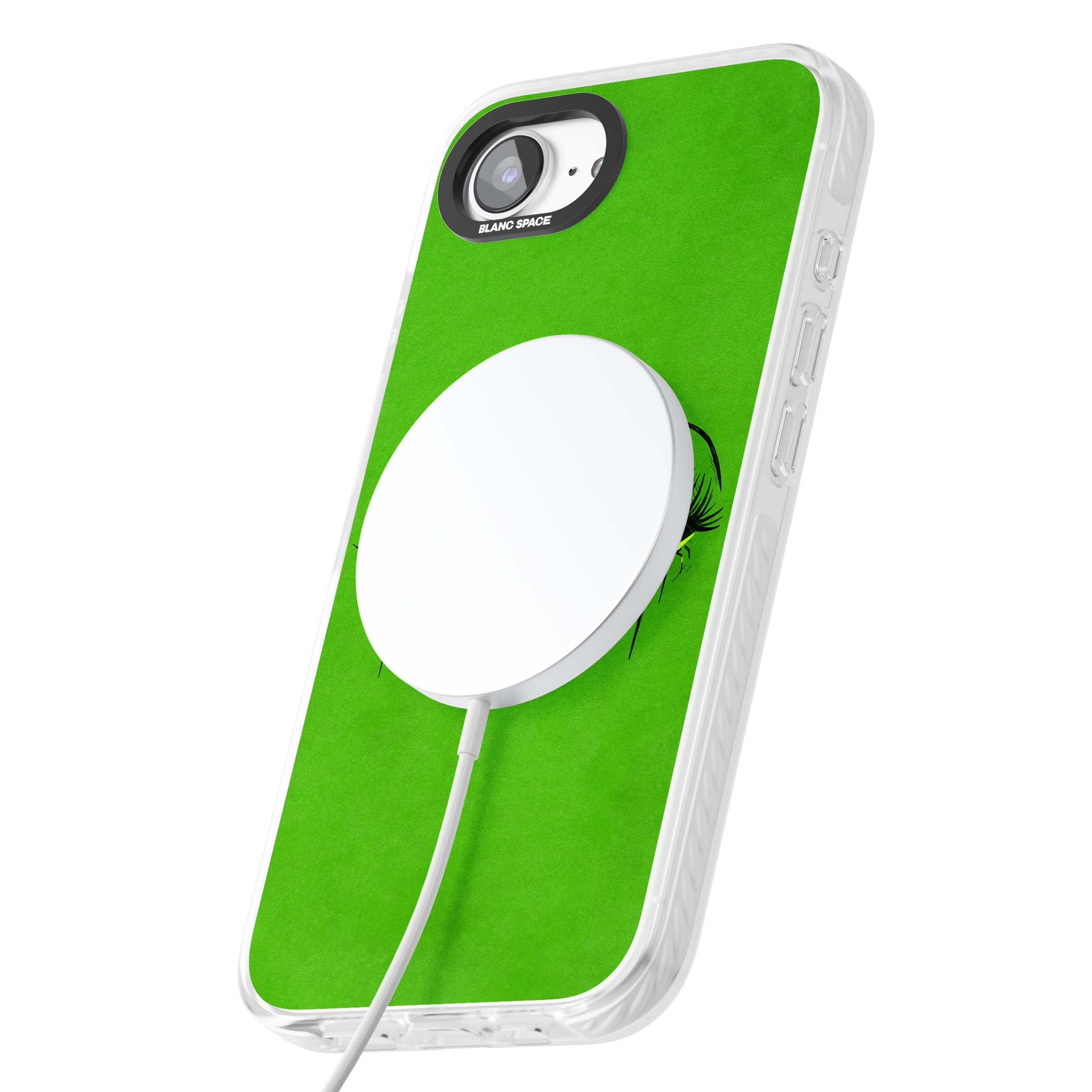 Green Enchanted Eyes psychedelic art iPhone case featuring hand-drawn dripping eyes on neon green background | Impact Magsafe case for iPhone 16e, iPhone 17e