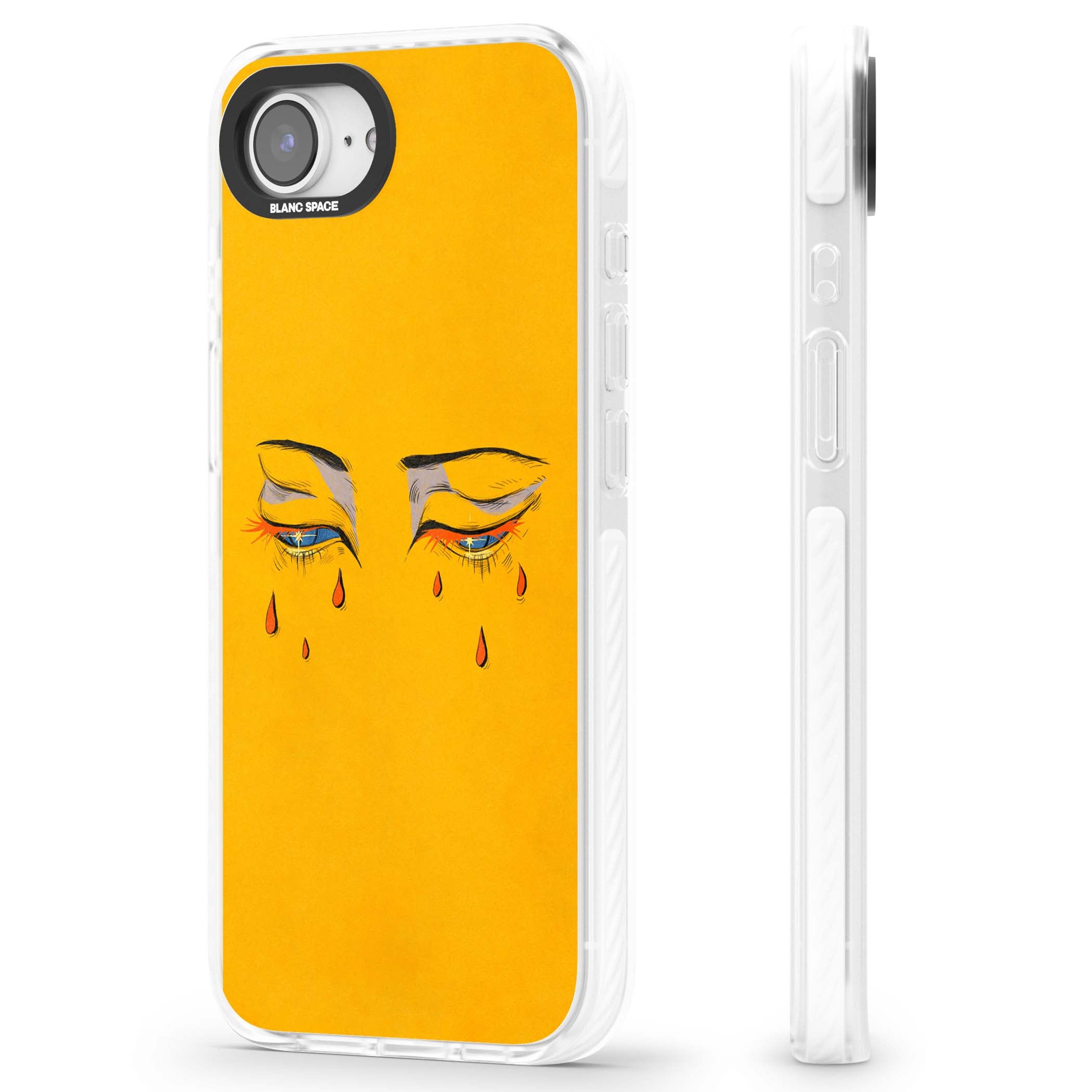 Yellow Tearful Eyes indie iPhone case featuring hand-drawn crying eyes with orange tears on a yellow background | Impact Magsafe case for iPhone 16e, iPhone 17e