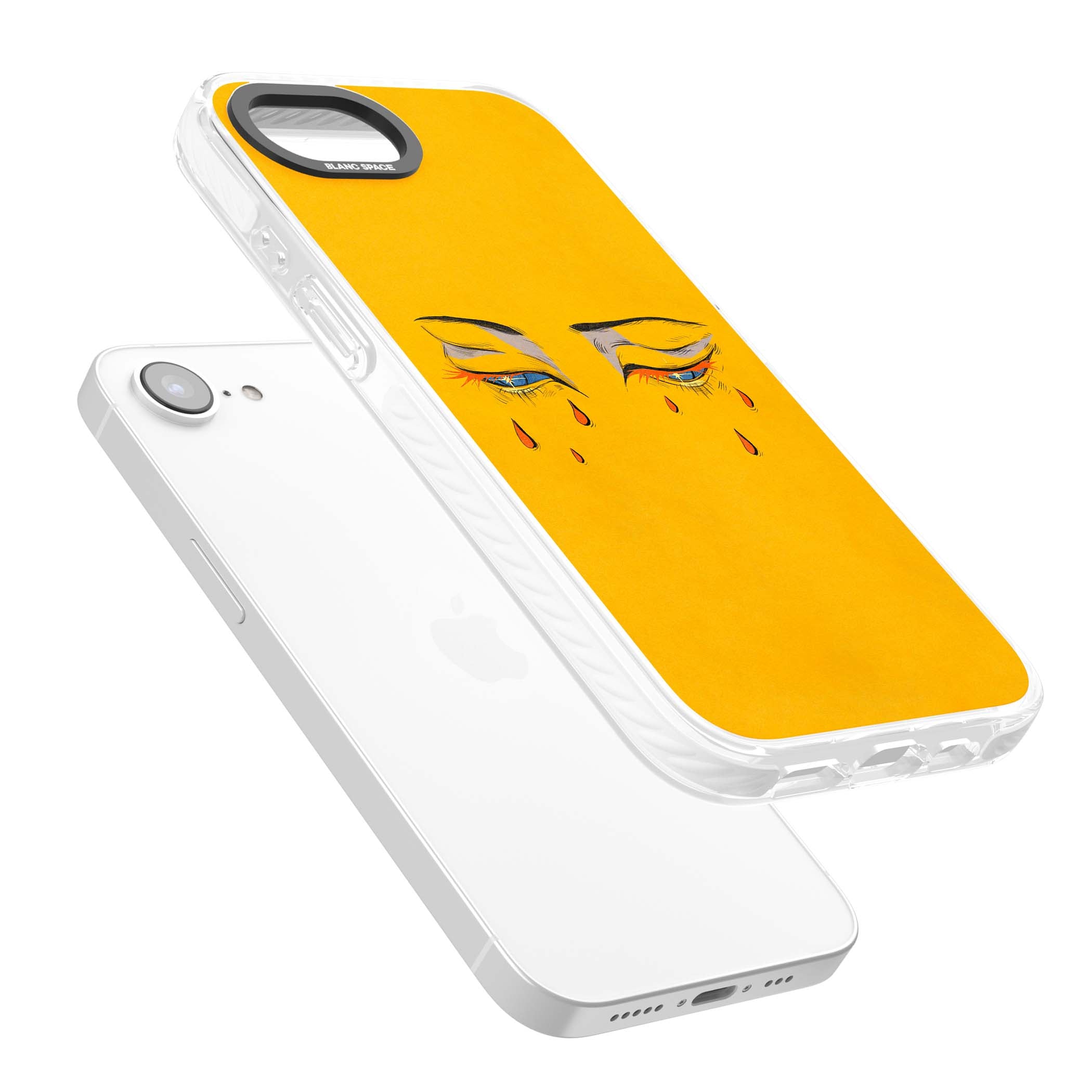Yellow Tearful Eyes indie iPhone case featuring hand-drawn crying eyes with orange tears on a yellow background | Impact Magsafe case for iPhone 16e, iPhone 17e