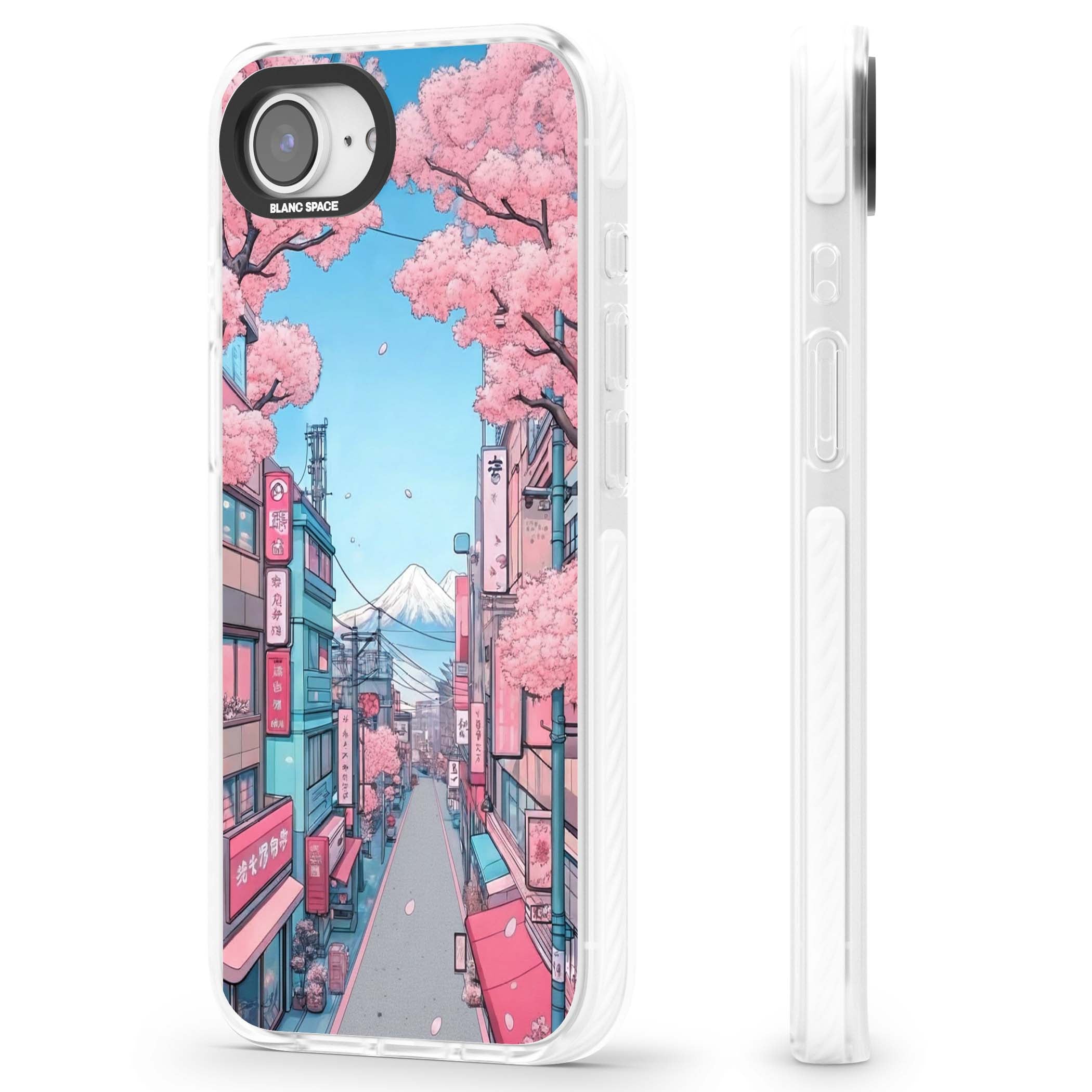 Sakura Lane anime iPhone case featuring Tokyo street scene with cherry blossoms and Mount Fuji | Impact Magsafe case for iPhone 16e, iPhone 17e