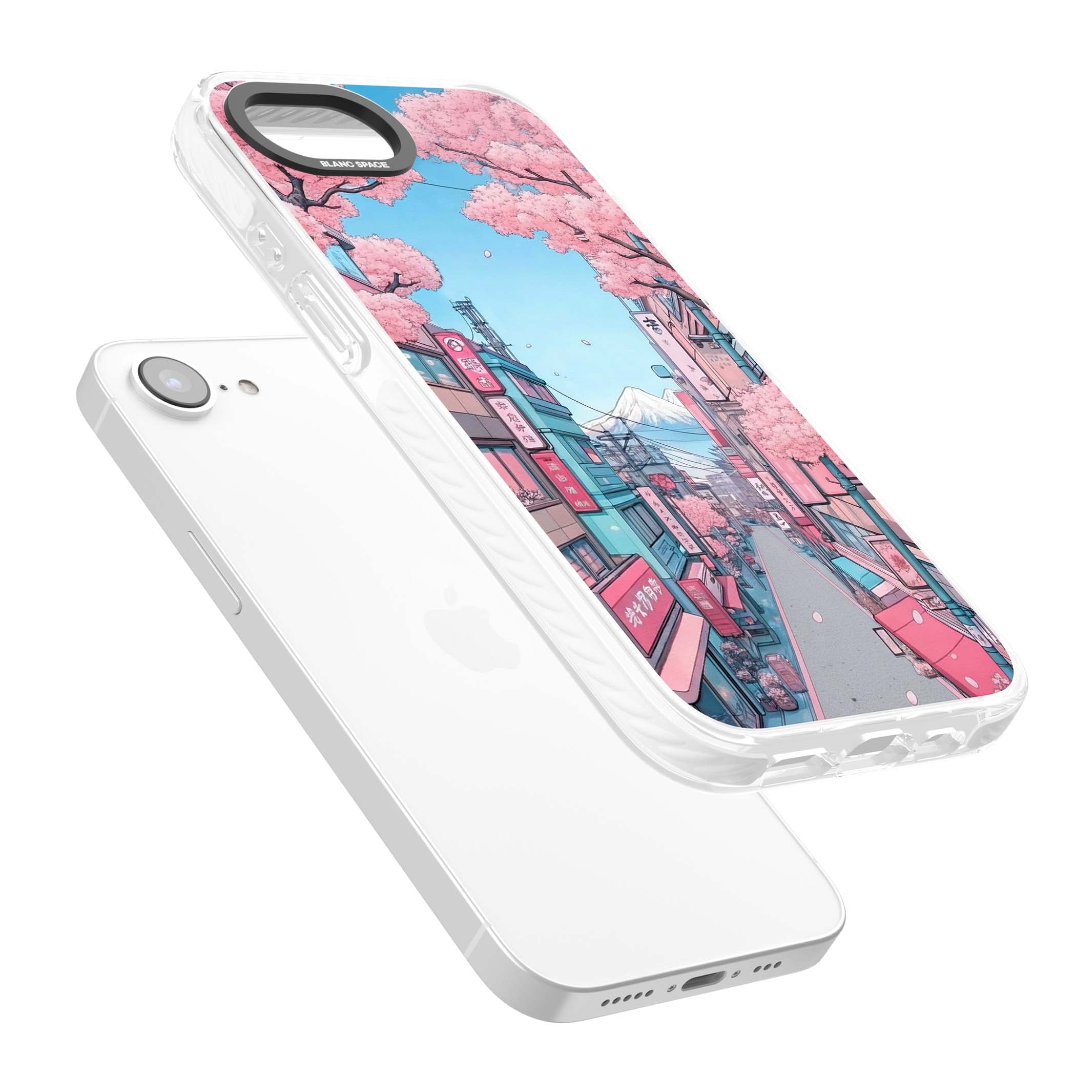 Sakura Lane anime iPhone case featuring Tokyo street scene with cherry blossoms and Mount Fuji | Impact Magsafe case for iPhone 16e, iPhone 17e