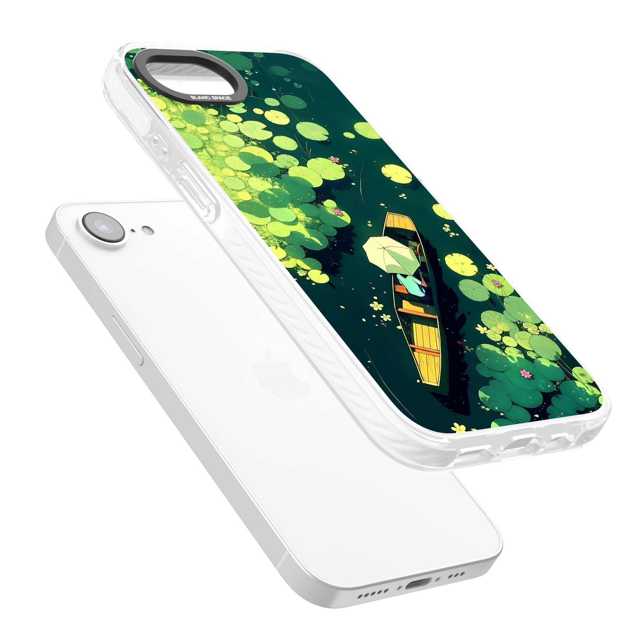 Jade Waters cottagecore iPhone case featuring a painted lily pond, wooden boat with parasol and floating water lilies | Impact Magsafe case for iPhone 16e, iPhone 17e
