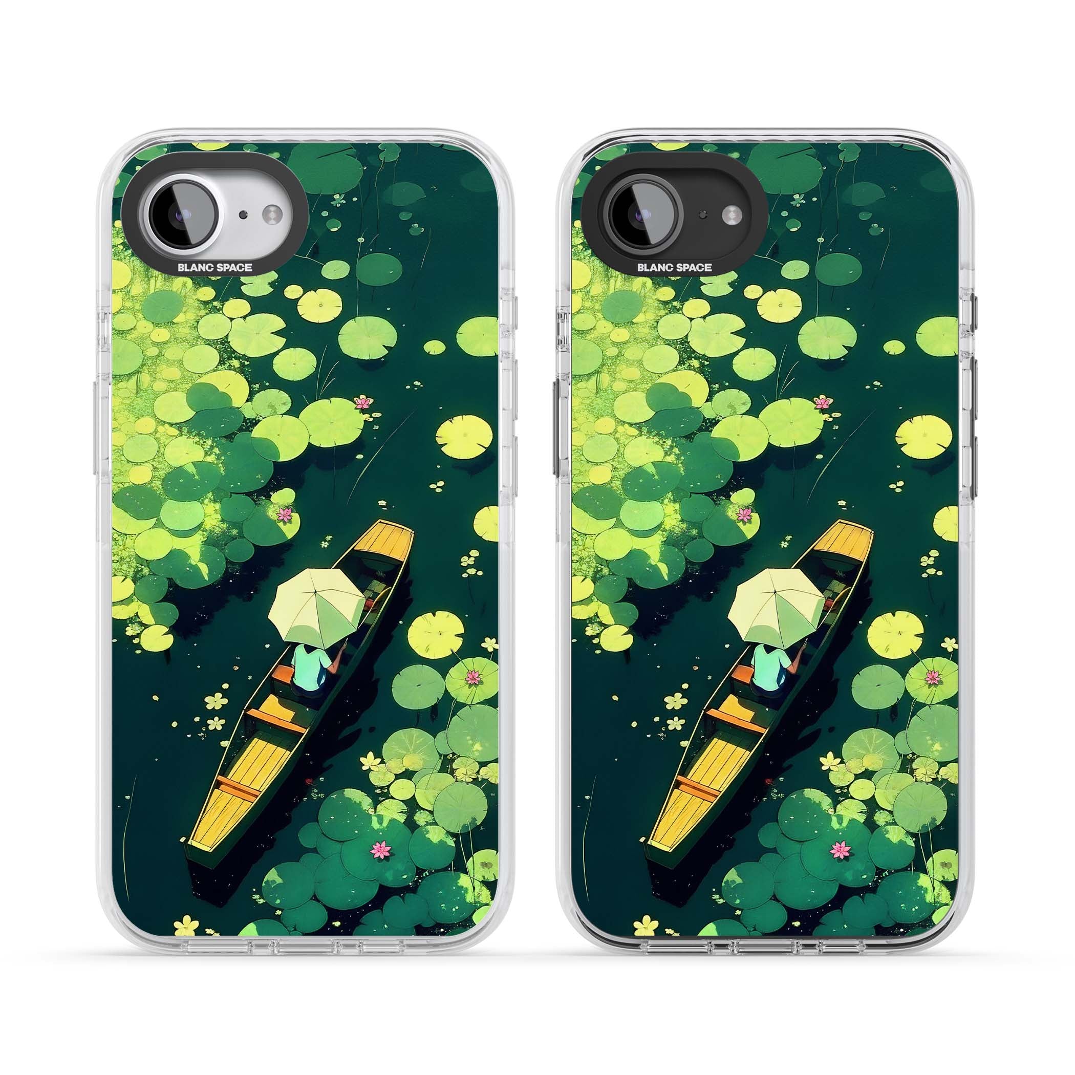 Jade Waters cottagecore iPhone case featuring a painted lily pond, wooden boat with parasol and floating water lilies | Impact Magsafe case for iPhone 16e, iPhone 17e