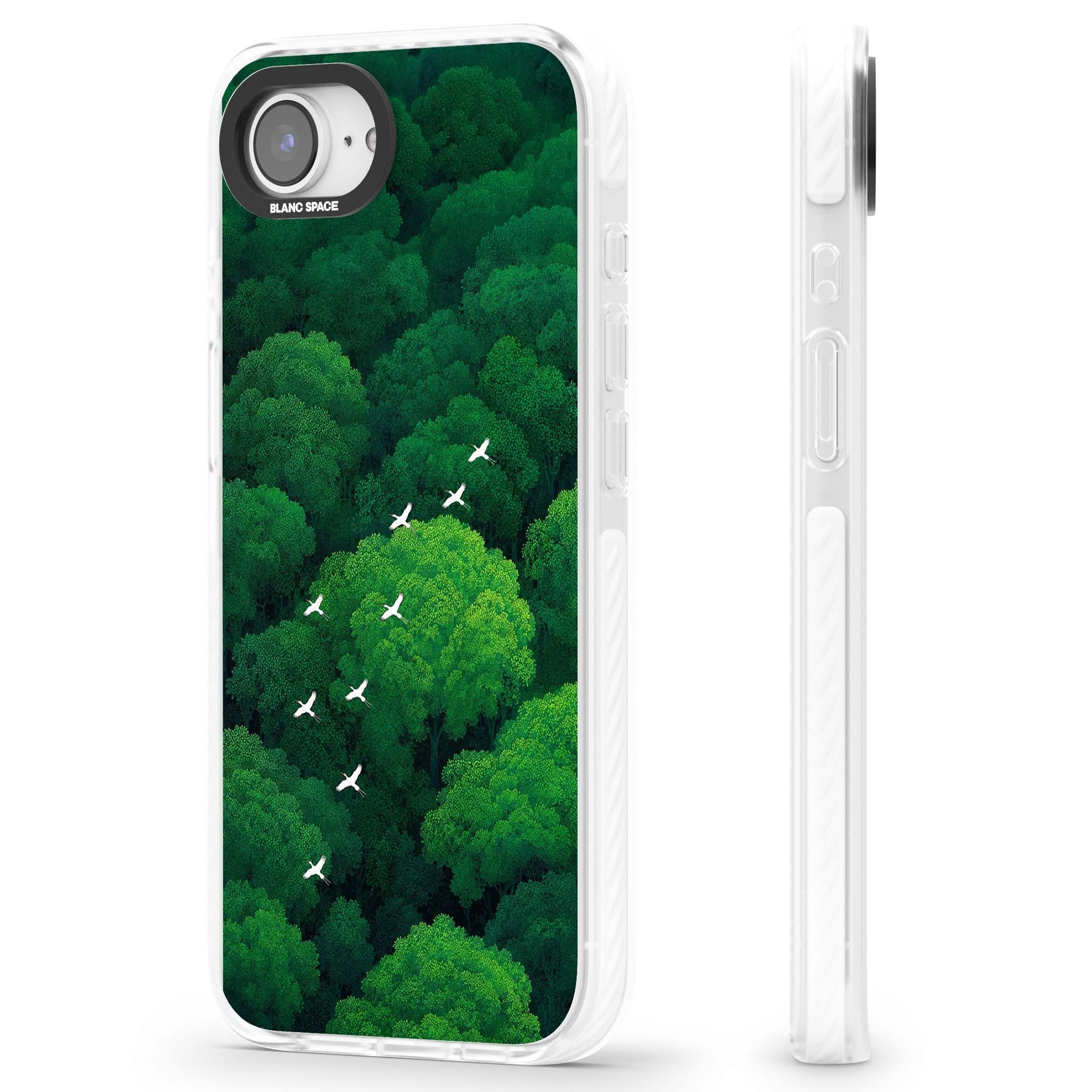 Grove Migration forest iPhone case featuring white cranes flying over lush green treetop canopy | Impact Magsafe case for iPhone 16e, iPhone 17e