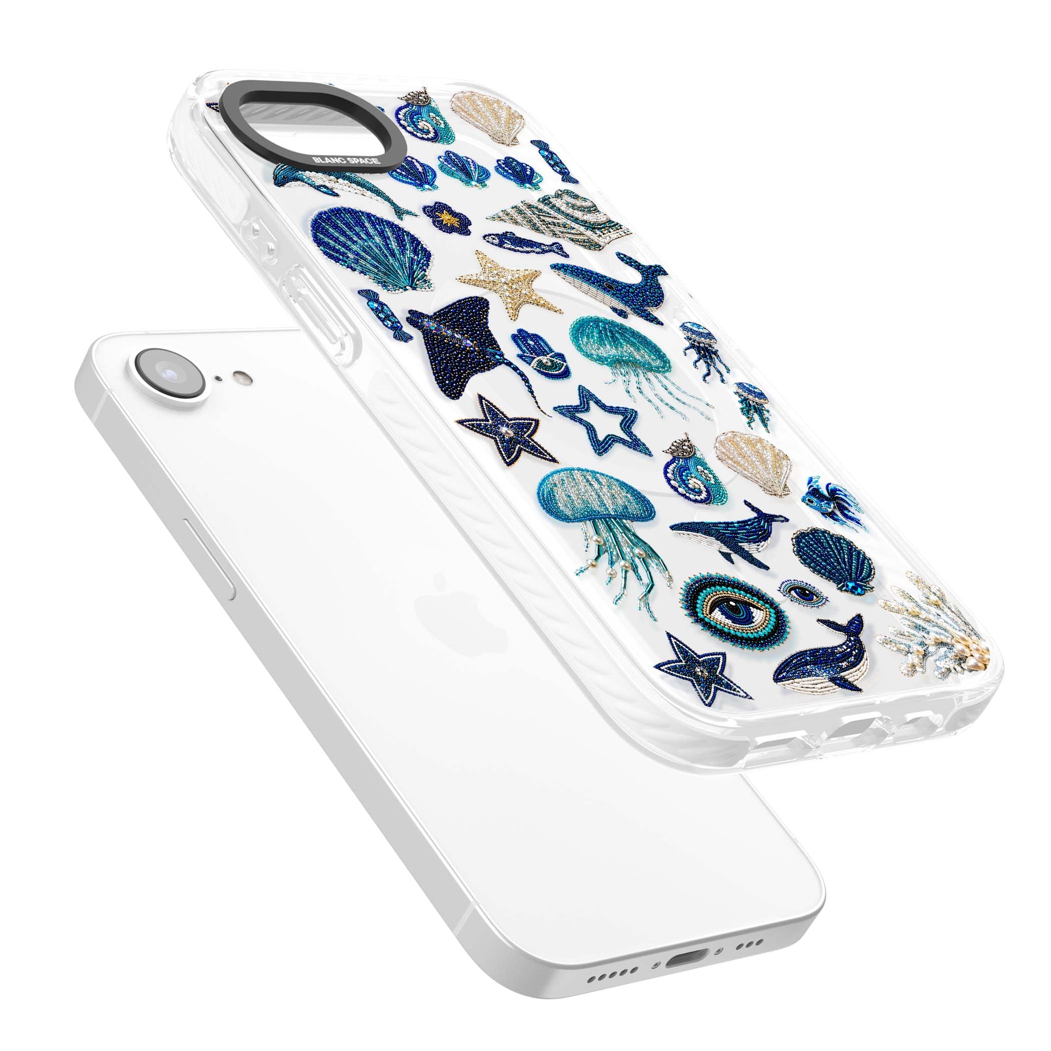 Beaded Coastal coastal iPhone case featuring embroidered seashells, jellyfish and a blue whale on clear | Impact Magsafe case for iPhone 16e, iPhone 17e