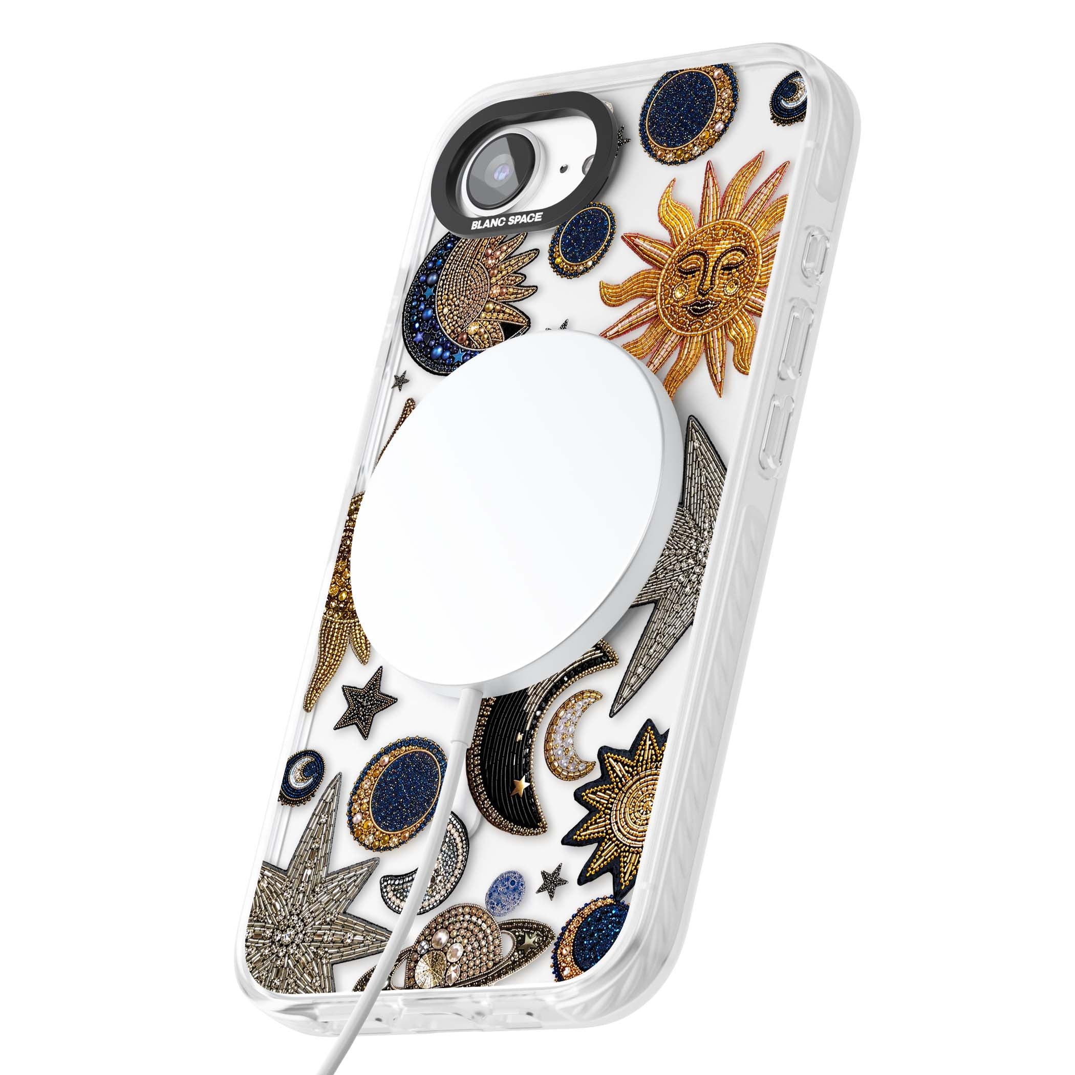 Beaded Cosmos celestial iPhone case featuring embroidered golden suns, beaded planets and silver shooting stars | Impact Magsafe case for iPhone 16e, iPhone 17e