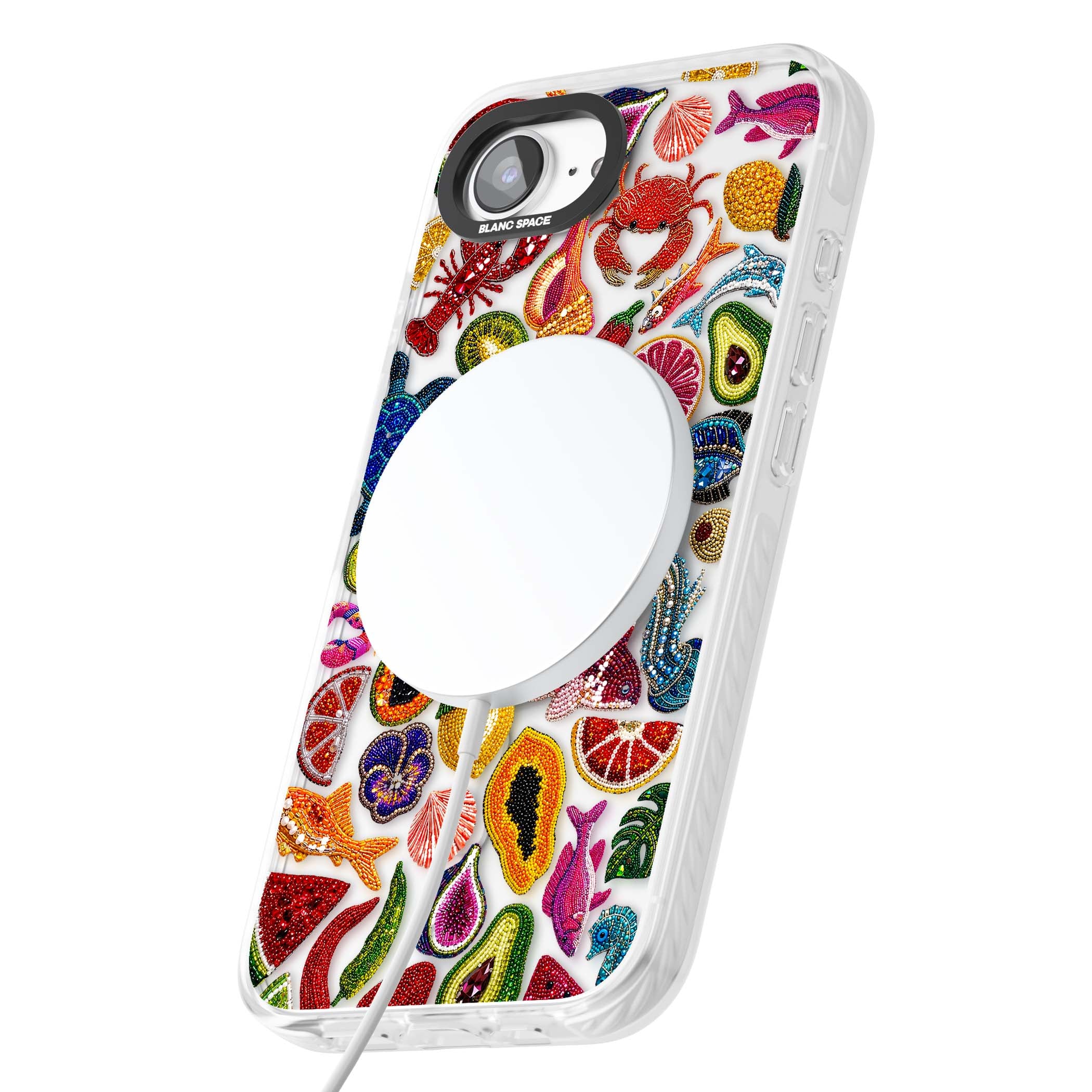 Beaded Tropic tropical iPhone case featuring beaded fruit, fish, crabs and seashells in vibrant colour | Impact Magsafe case for iPhone 16e, iPhone 17e