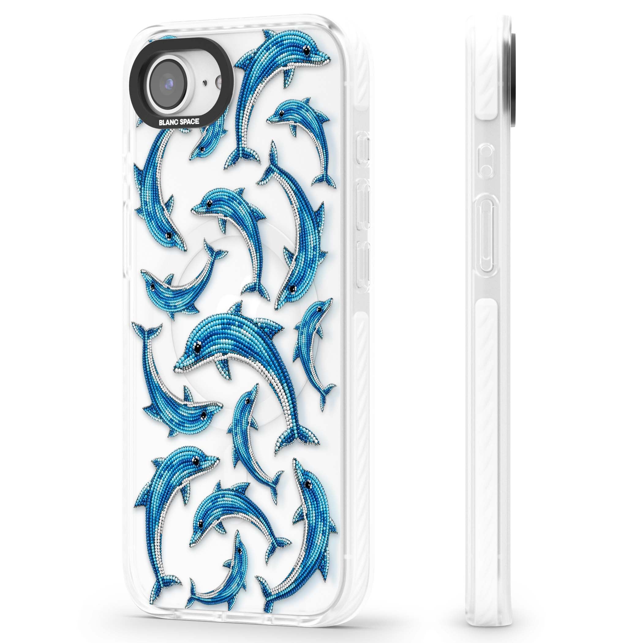 Beaded Dolphins coastal iPhone case featuring beaded dolphins in blue and white swimming across a clear background | Impact Magsafe case for iPhone 16e, iPhone 17e