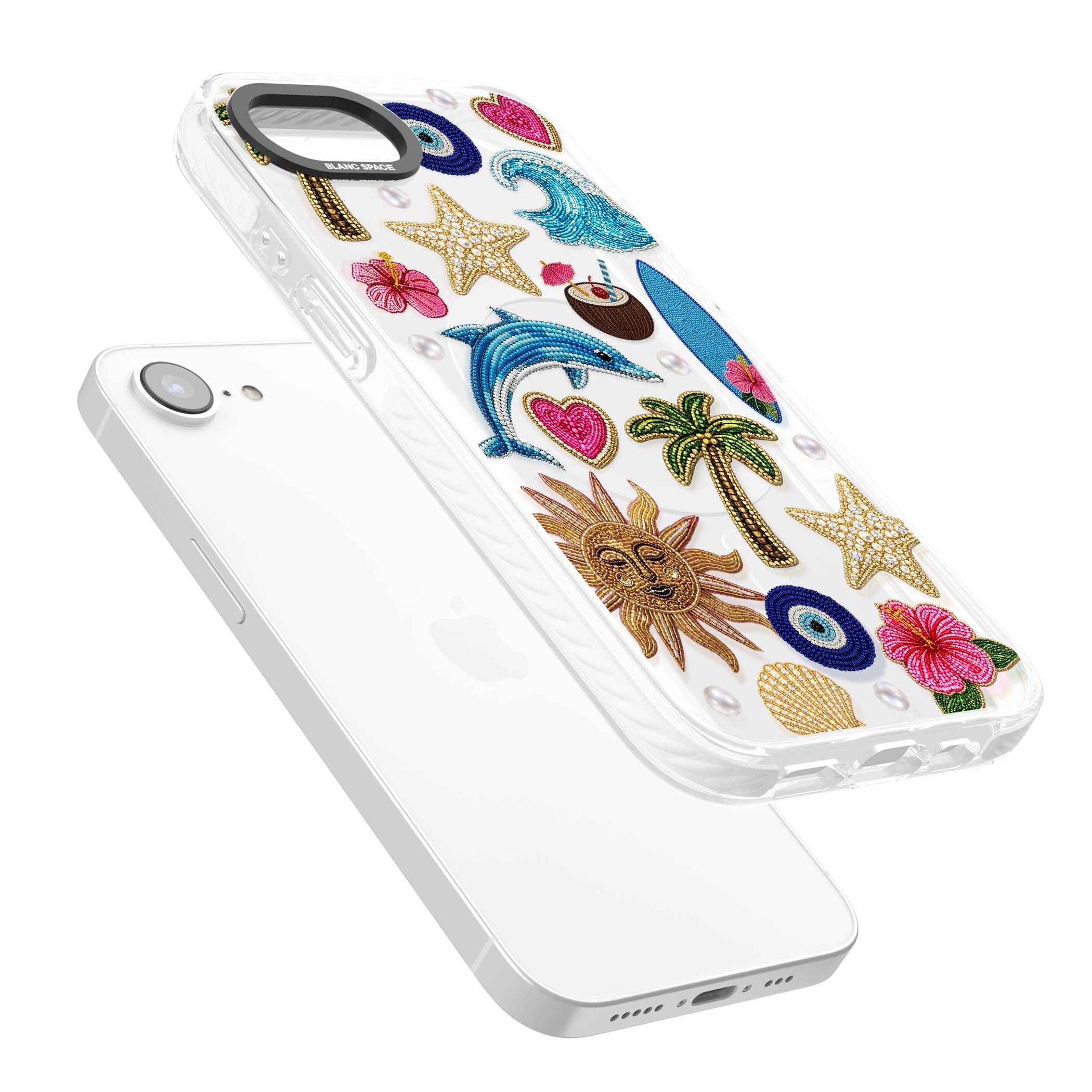 Beaded Beach coastal summer iPhone case featuring embroidered evil eye, hibiscus flowers, dolphin and palm tree patches | Impact Magsafe case for iPhone 16e, iPhone 17e
