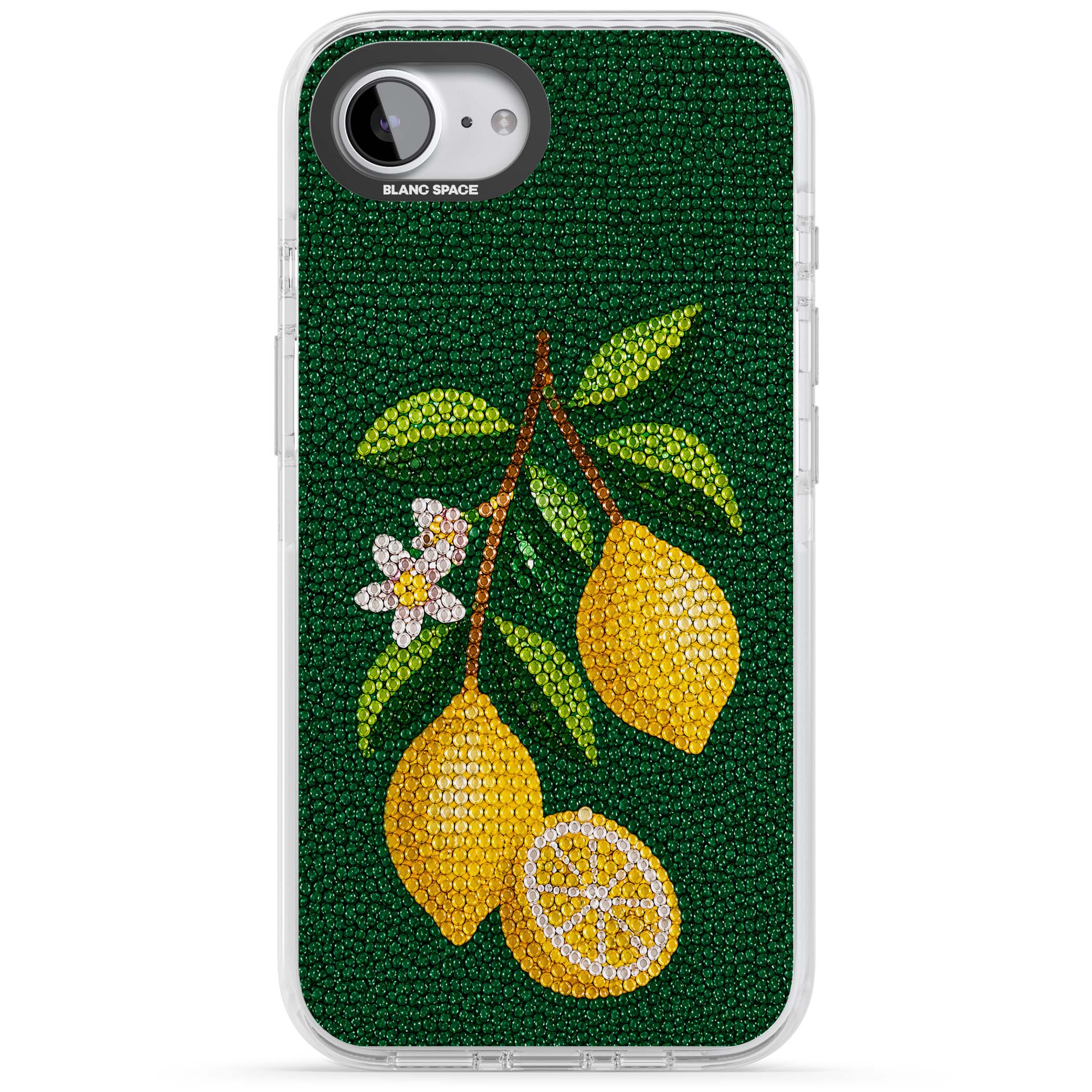 Beaded Lemons coastal iPhone case featuring crystal-beaded lemons, citrus blossom and green leaves on emerald ground | Impact Magsafe case for iPhone 16e, iPhone 17e