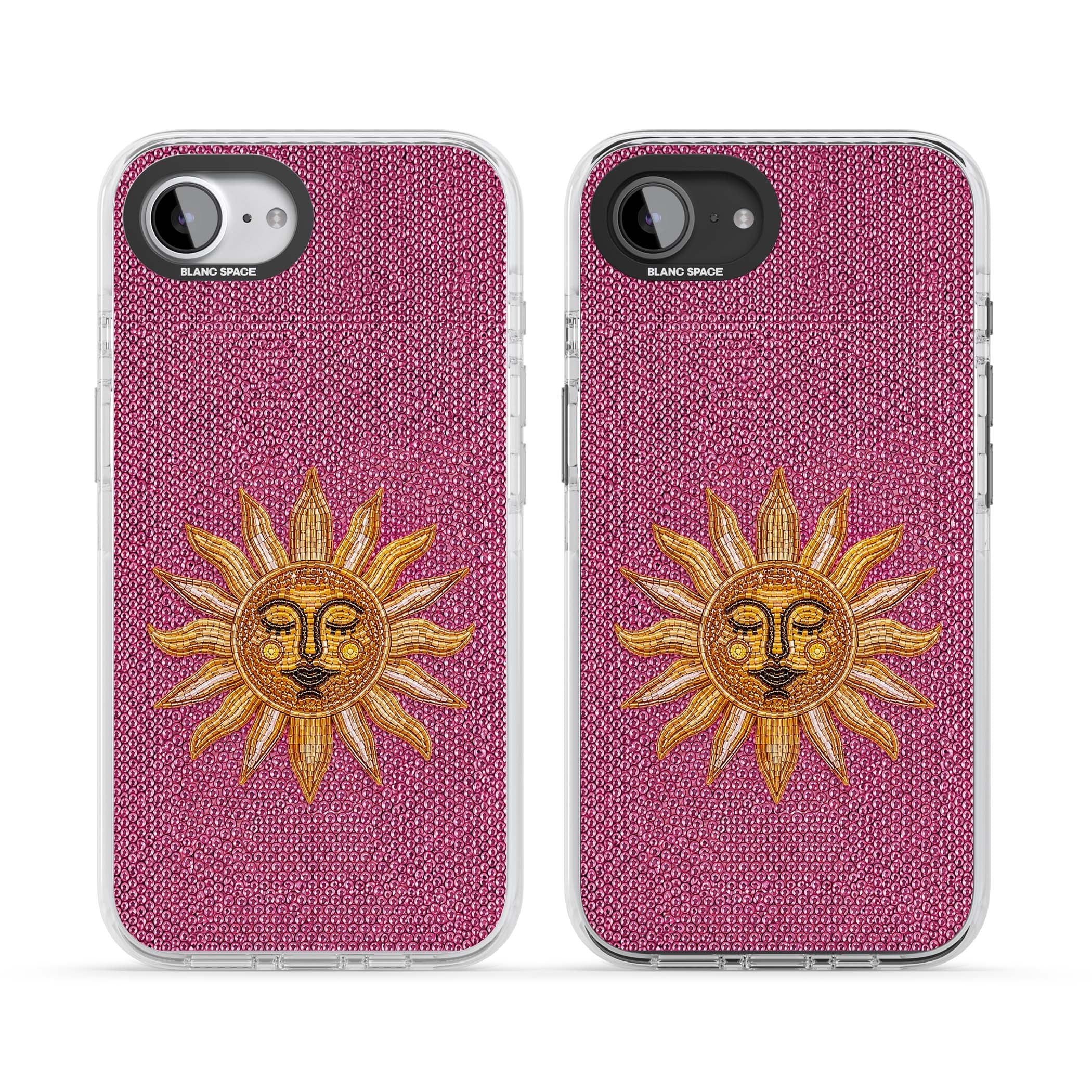 Beaded Sun celestial iPhone case featuring a golden beaded sun face with radiant rays on hot pink beaded background | Impact Magsafe case for iPhone 16e, iPhone 17e