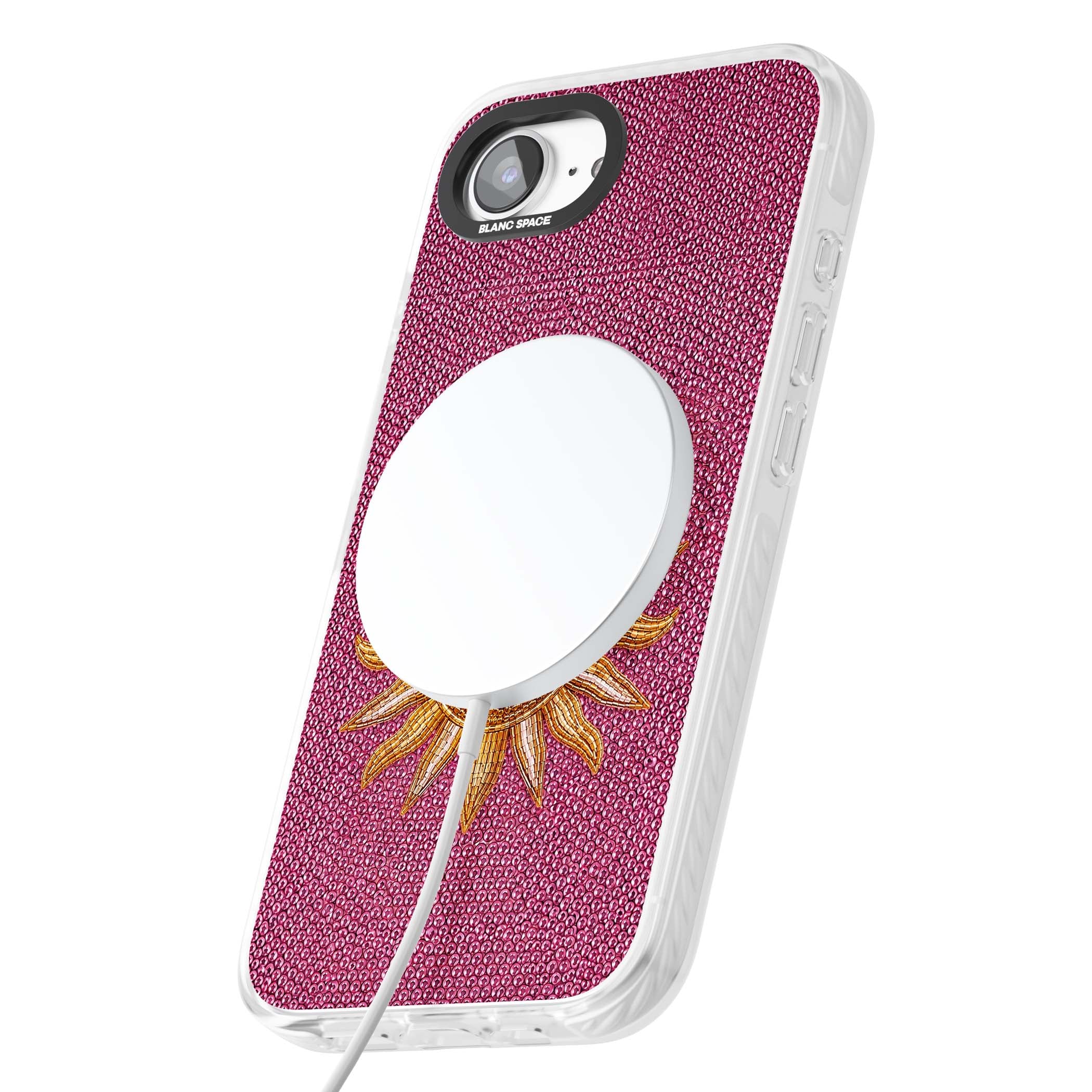 Beaded Sun celestial iPhone case featuring a golden beaded sun face with radiant rays on hot pink beaded background | Impact Magsafe case for iPhone 16e, iPhone 17e