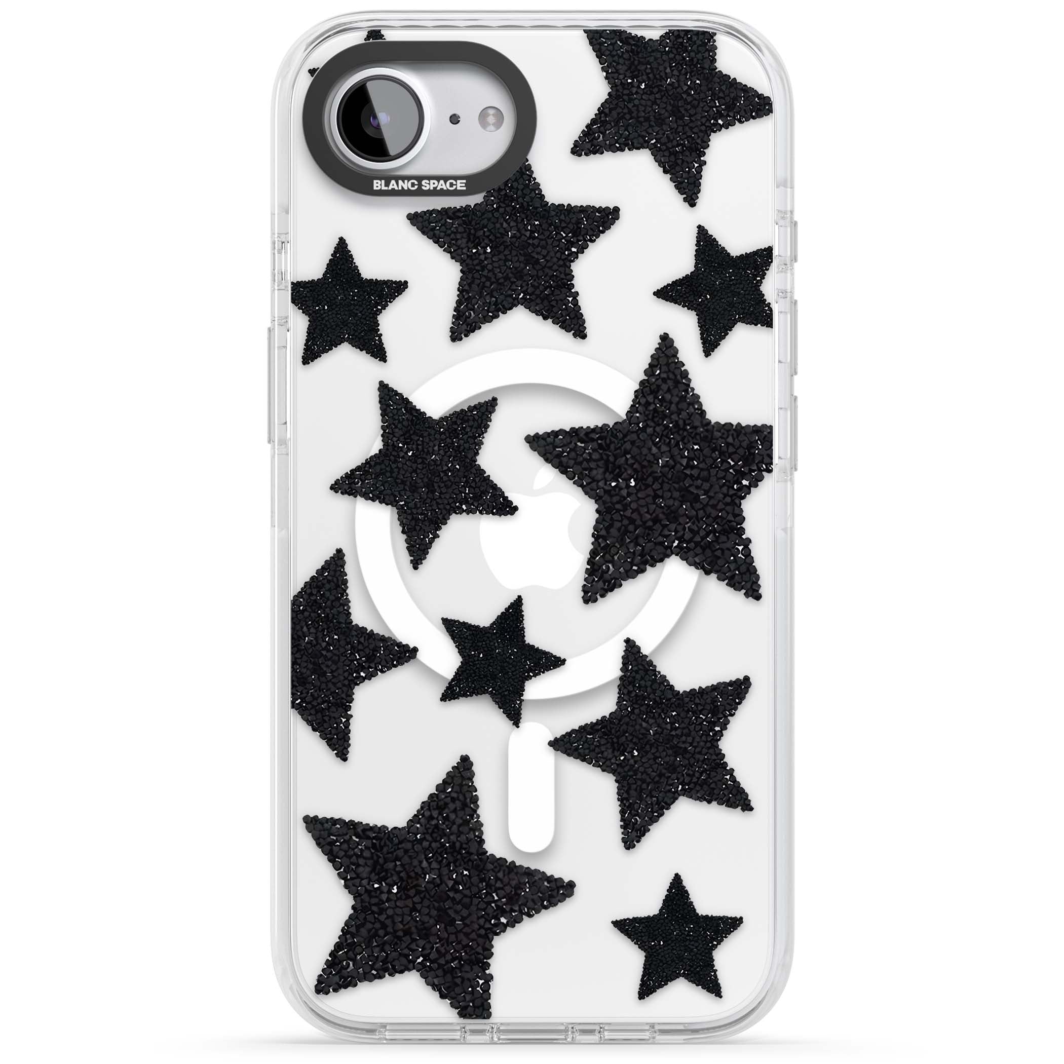 Beaded Black Stars celestial iPhone case featuring black glitter beaded stars scattered on a clear background | Impact Magsafe case for iPhone 16e, iPhone 17e