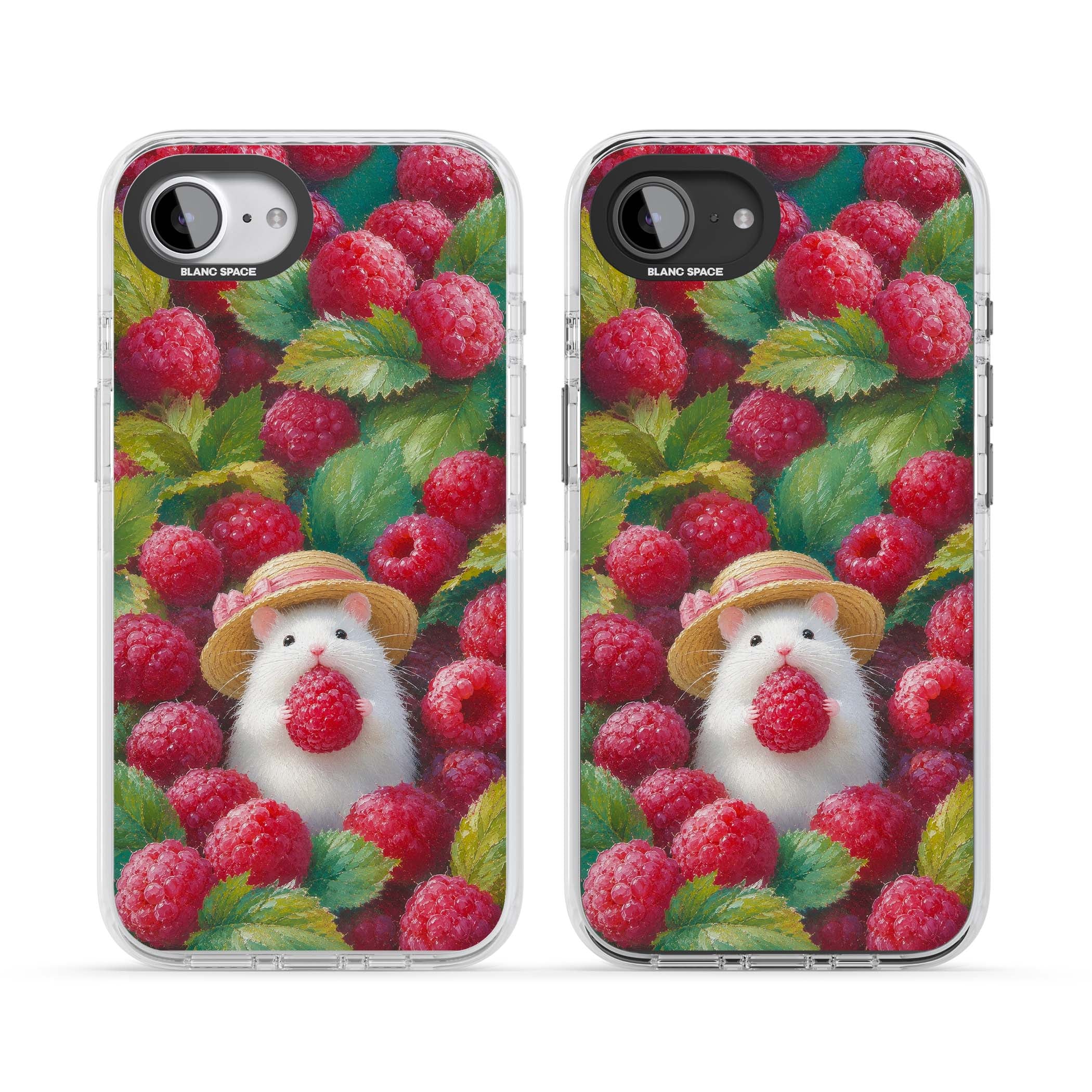 Berry Forager cottagecore iPhone case featuring a white hamster in a straw hat holding a raspberry surrounded by ripe ber | Impact Magsafe case for iPhone 16e, iPhone 17e
