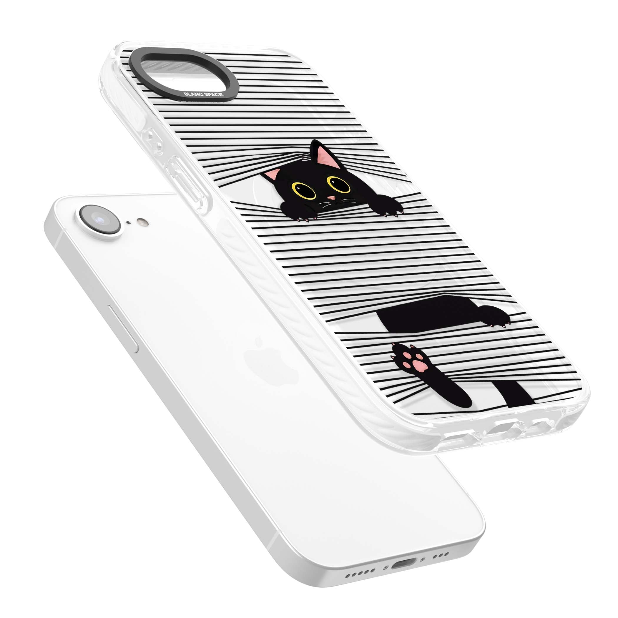Peek-a-Boo Cat minimal iPhone case featuring black cat peeking through horizontal black and white stripes | Impact Magsafe case for iPhone 16e, iPhone 17e