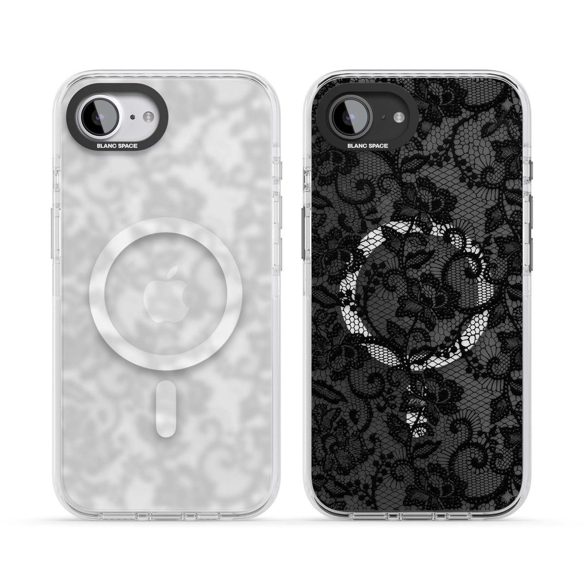 Black Lace gothic iPhone case featuring intricate black floral lace pattern with vintage whimsigoth detail | Impact Magsafe case for iPhone 16e, iPhone 17e