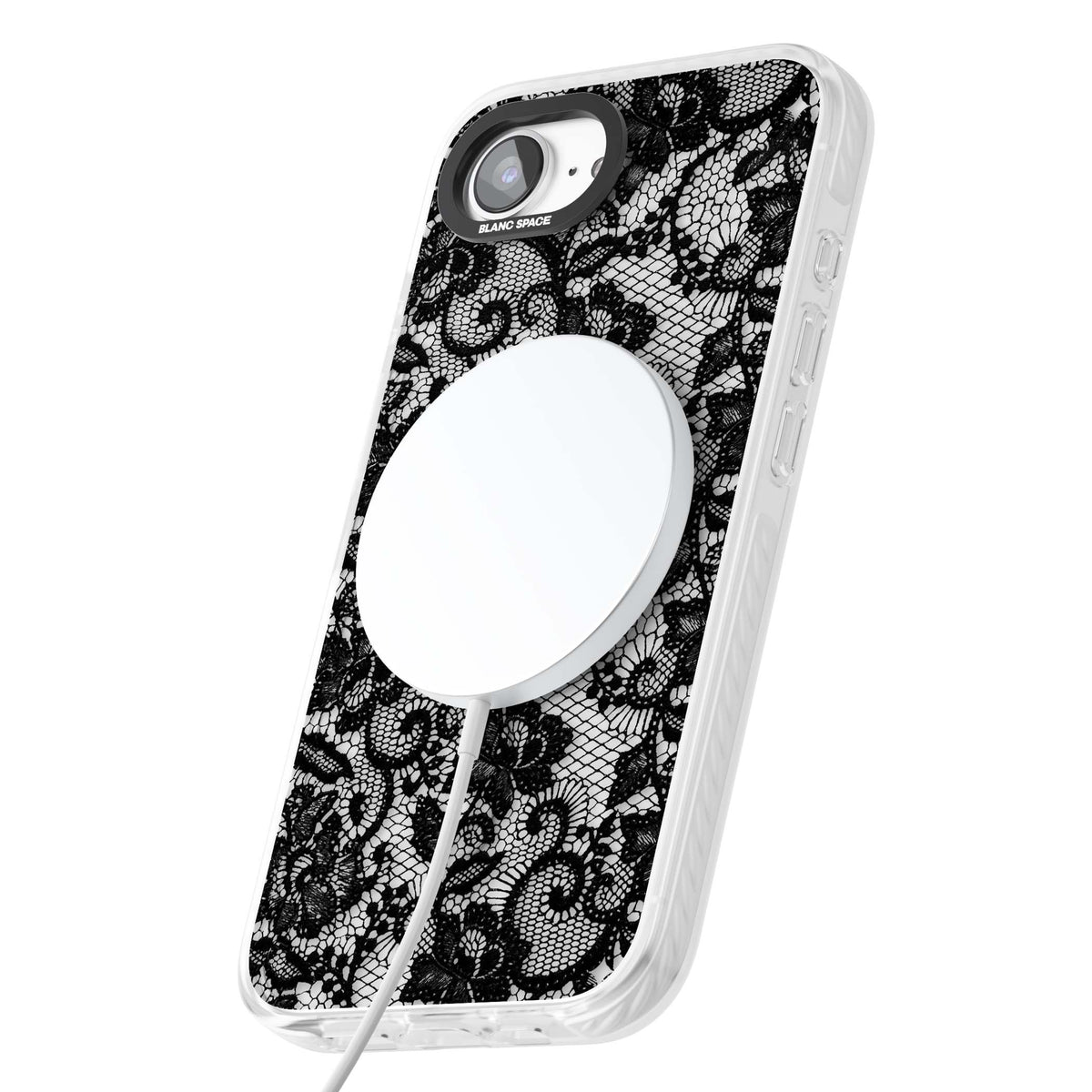 Black Lace gothic iPhone case featuring intricate black floral lace pattern with vintage whimsigoth detail | Impact Magsafe case for iPhone 16e, iPhone 17e