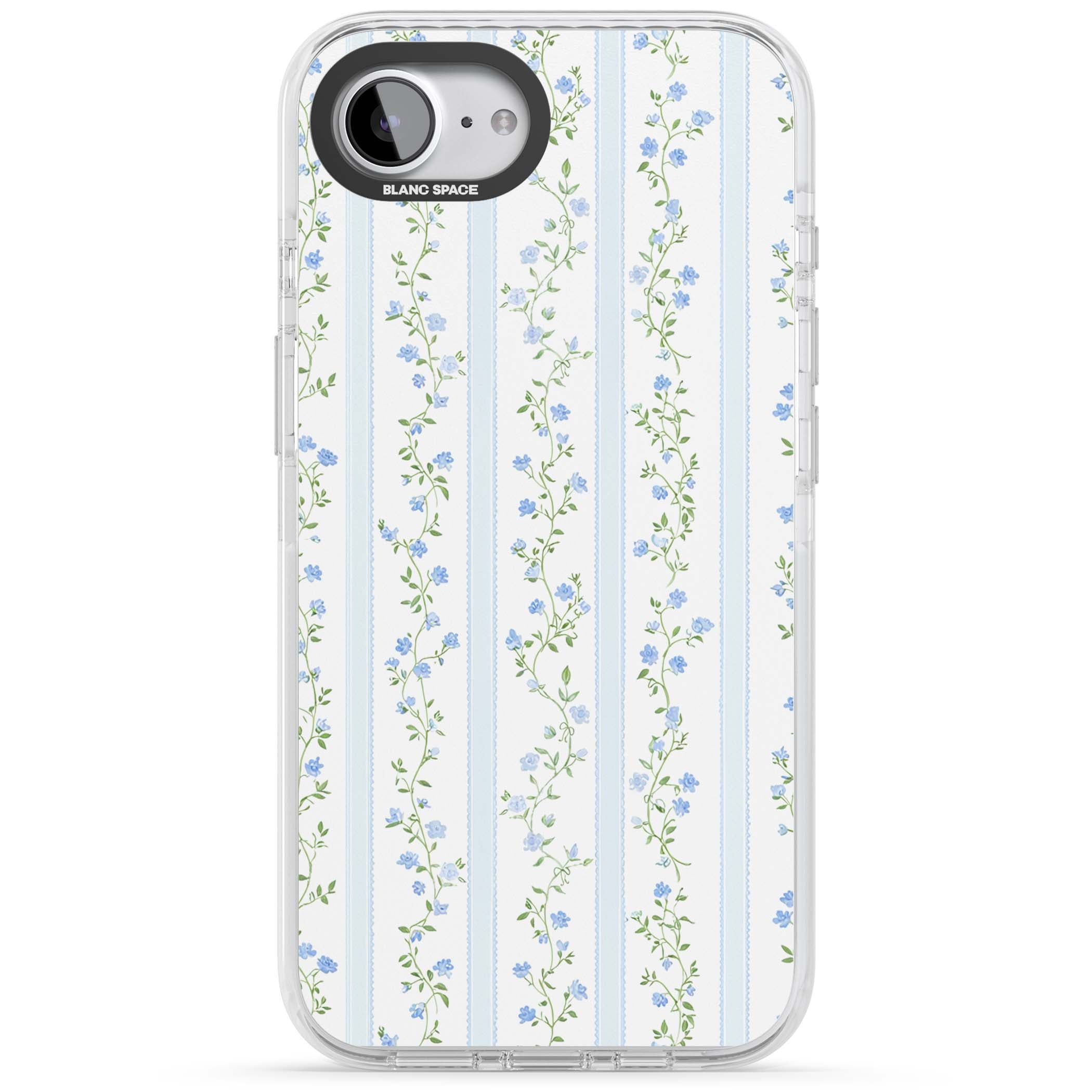 Bluebell Vine cottagecore iPhone case featuring climbing blue roses, trailing green vines, and pale ticking stripes | Impact Magsafe case for iPhone 16e, iPhone 17e