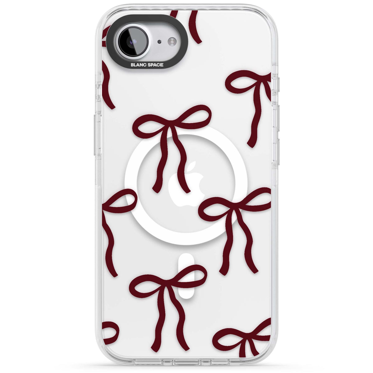 Burgundy Bows coquette iPhone case featuring hand-drawn burgundy red bows on a clear background | Impact Magsafe case for iPhone 16e, iPhone 17e
