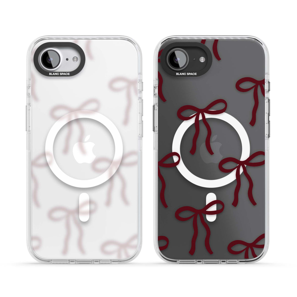 Burgundy Bows coquette iPhone case featuring hand-drawn burgundy red bows on a clear background | Impact Magsafe case for iPhone 16e, iPhone 17e